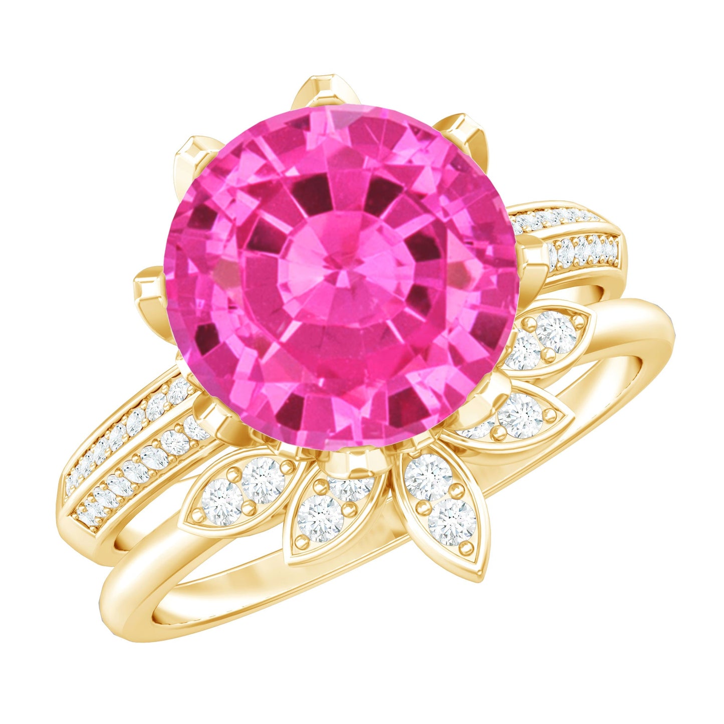 Floral Inspired Lab Grown Pink Sapphire Bridal Wedding Ring Set With Moissanite