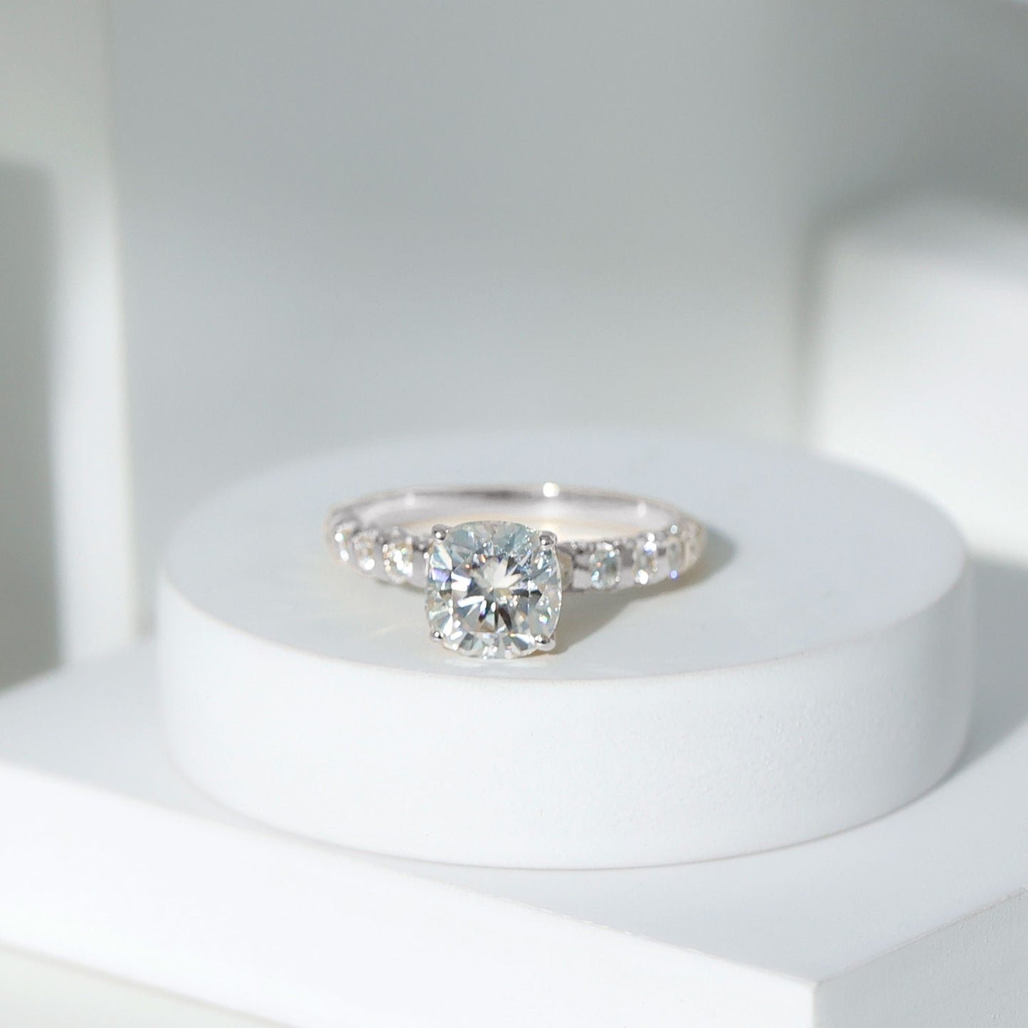 Cushion Cut Zircon Engagement Ring with Side Stones