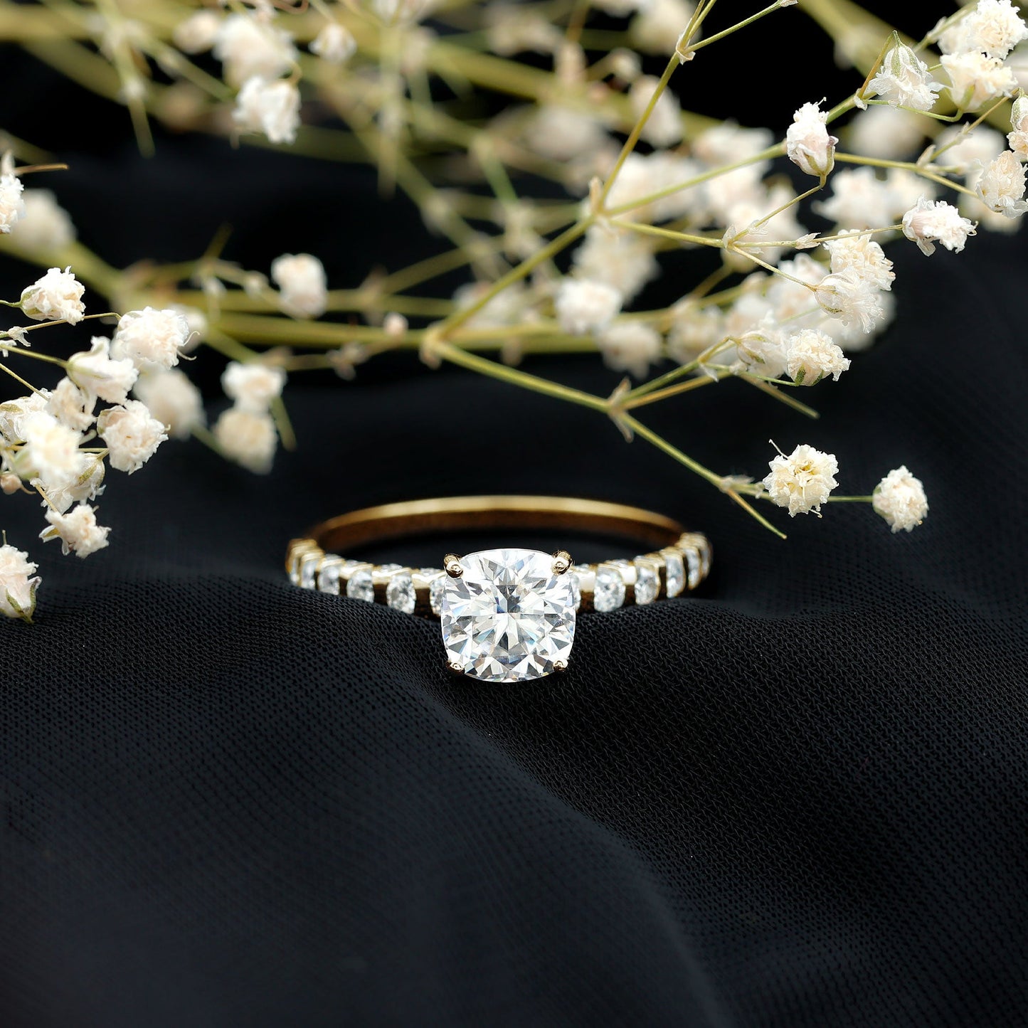 Cushion Cut Zircon Engagement Ring with Side Stones