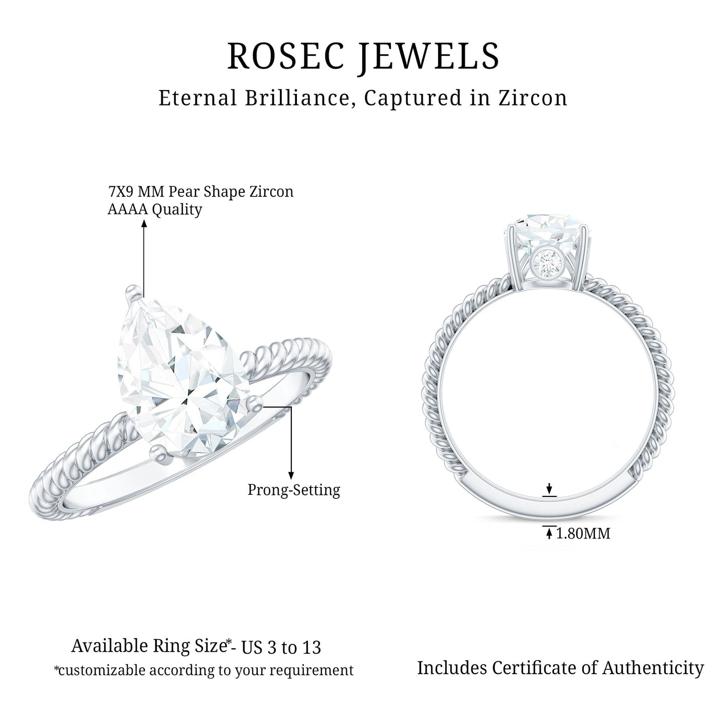 Certified Pear Zircon Solitaire Engagement Ring