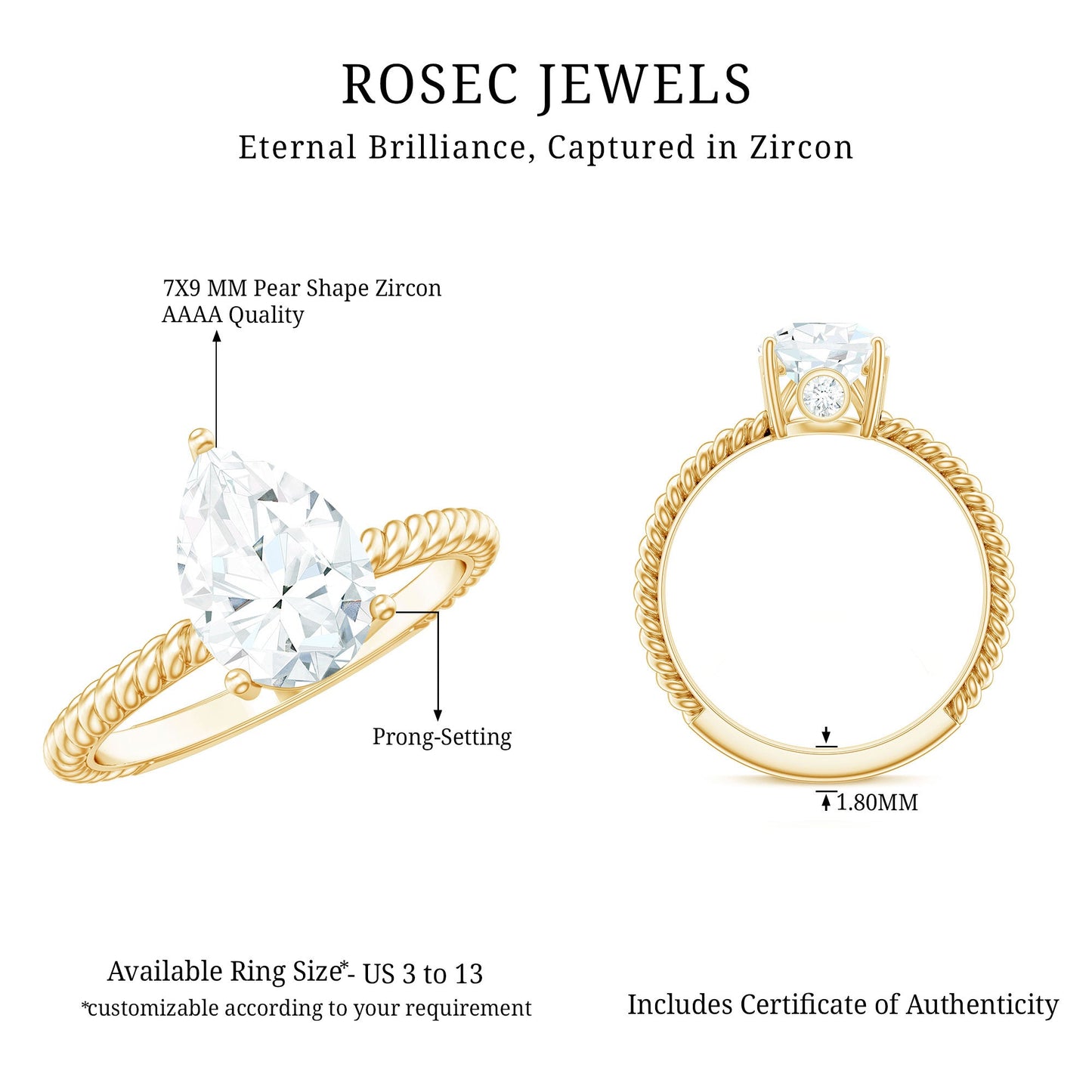 Certified Pear Zircon Solitaire Engagement Ring