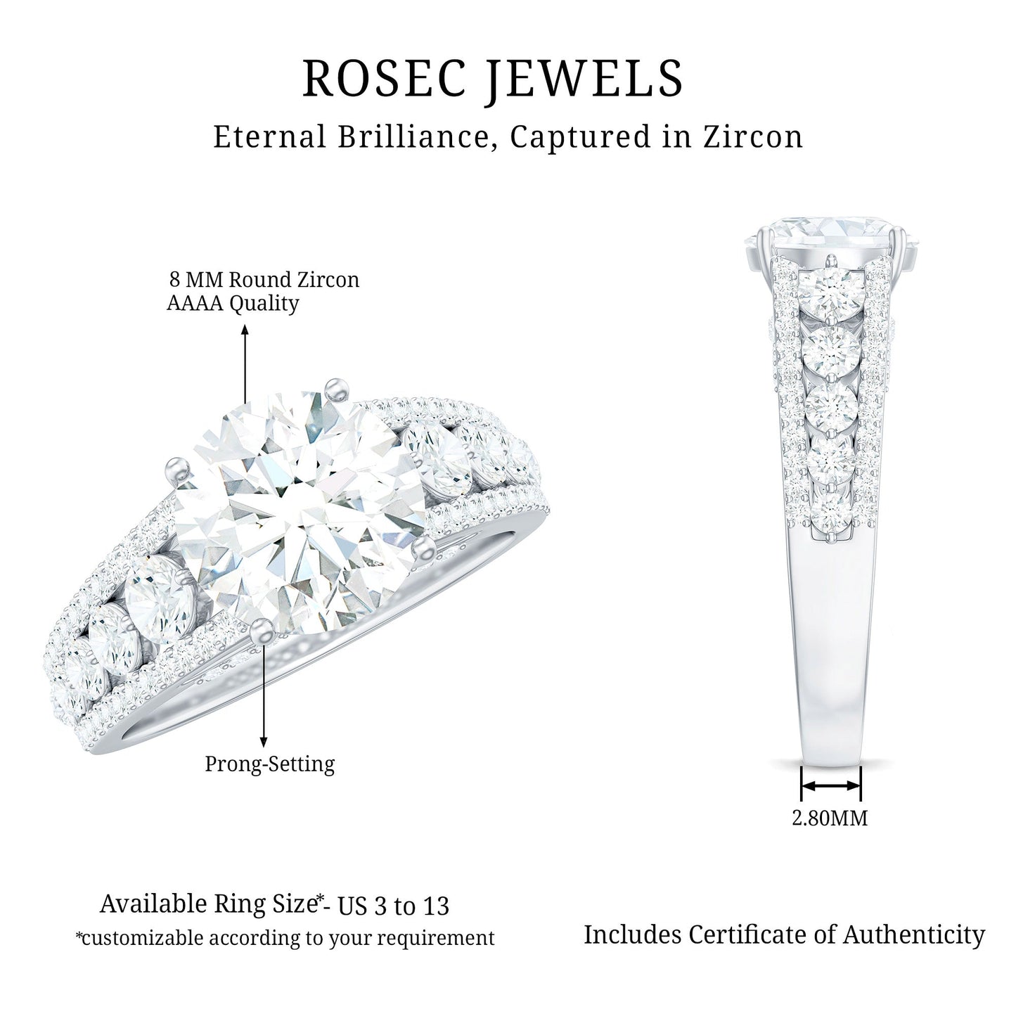 Round Cubic Zirconia Engagement Ring with Side Stones