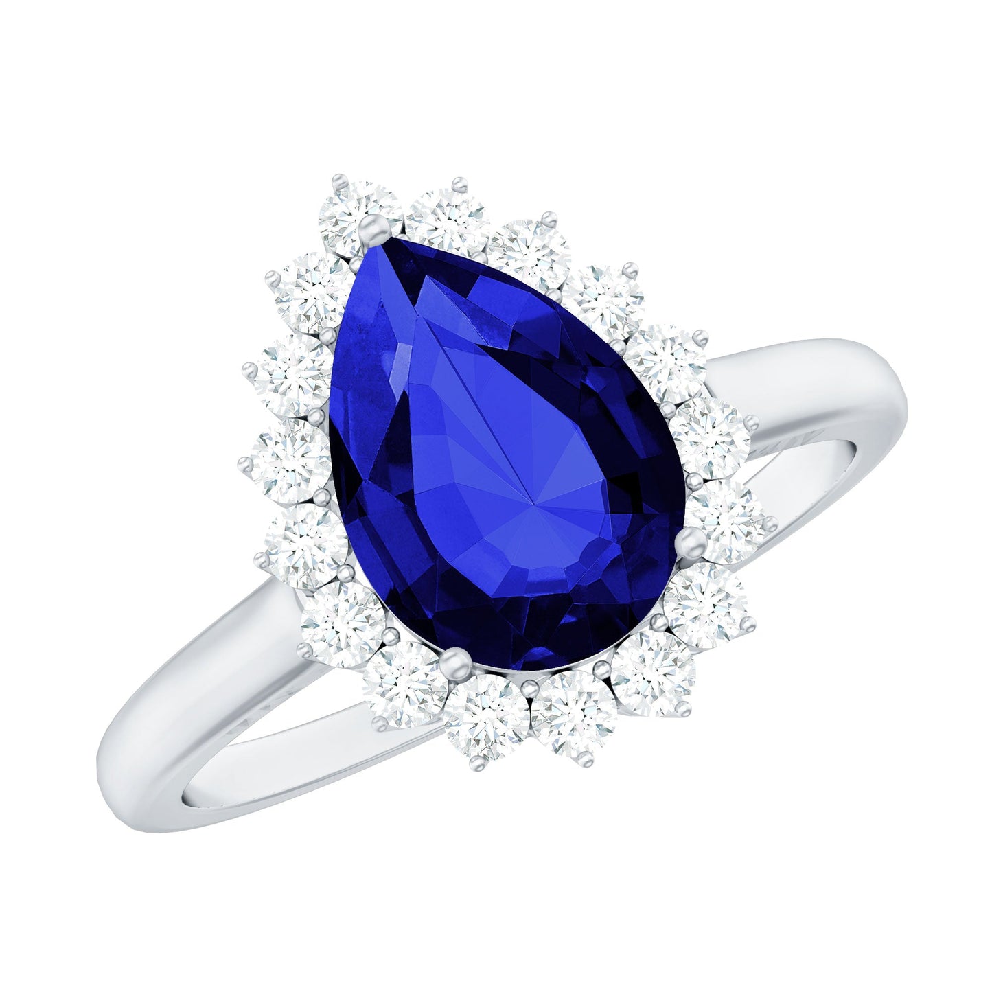 Certified 3.3 Carat Lab Grown Pear Shaped Blue Sapphire Engagement Ring with Diamond Halo