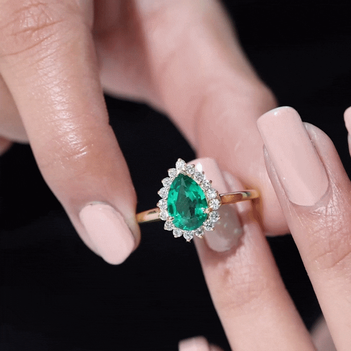 7X10 mm Pear Cut Lab Created Emerald Halo Engagement Ring with Diamond