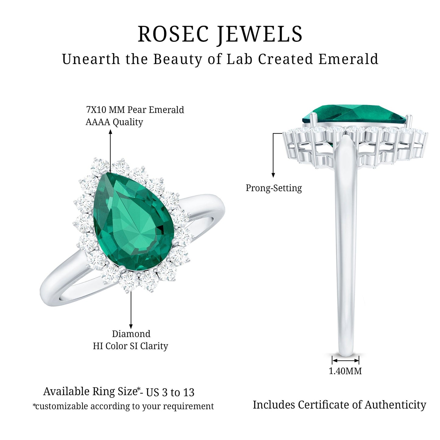 7X10 mm Pear Cut Lab Created Emerald Halo Engagement Ring with Diamond