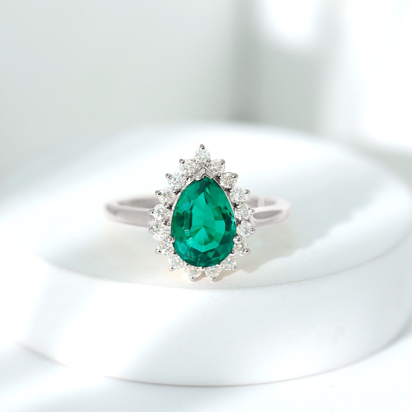 7X10 mm Pear Cut Lab Created Emerald Halo Engagement Ring with Diamond