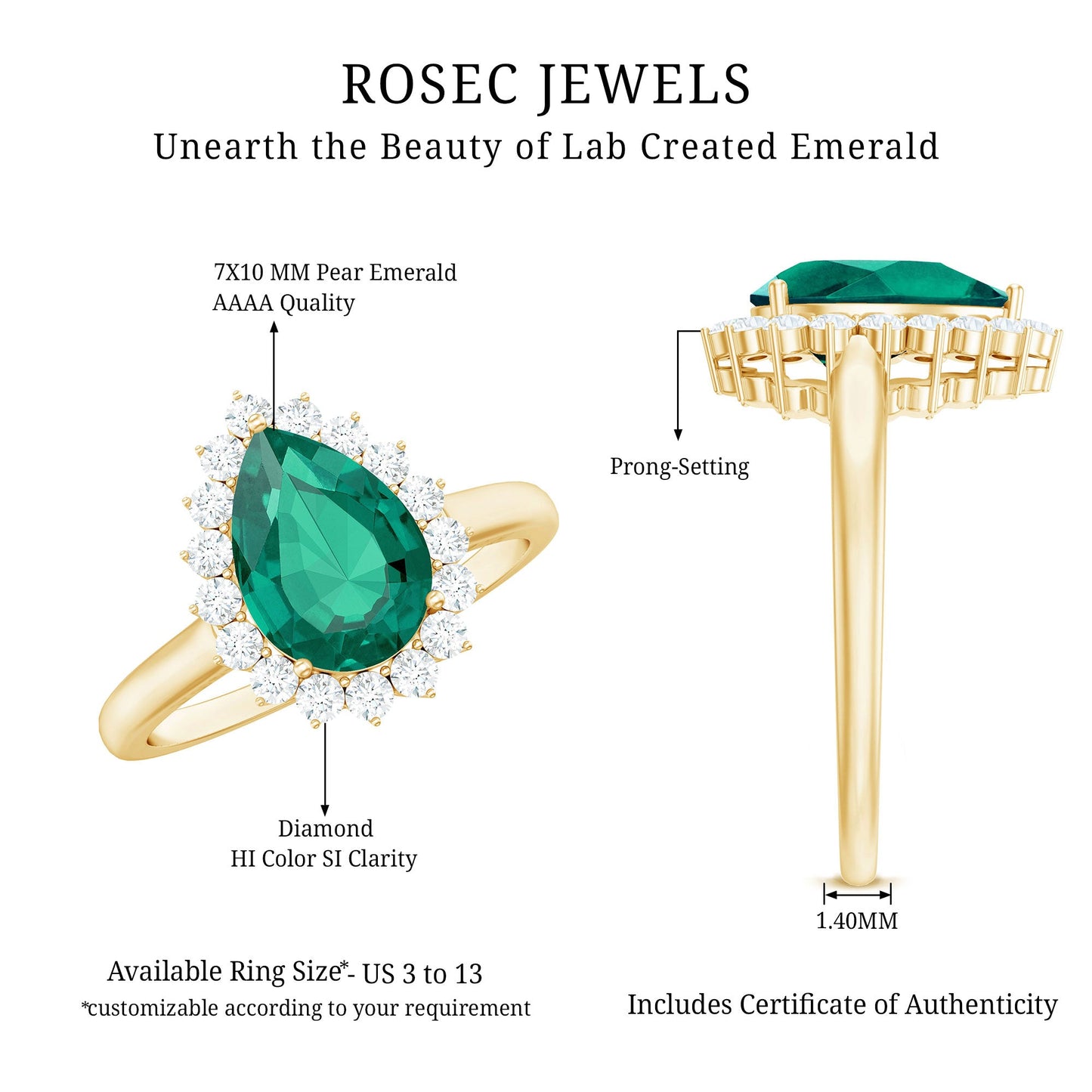 7X10 mm Pear Cut Lab Created Emerald Halo Engagement Ring with Diamond