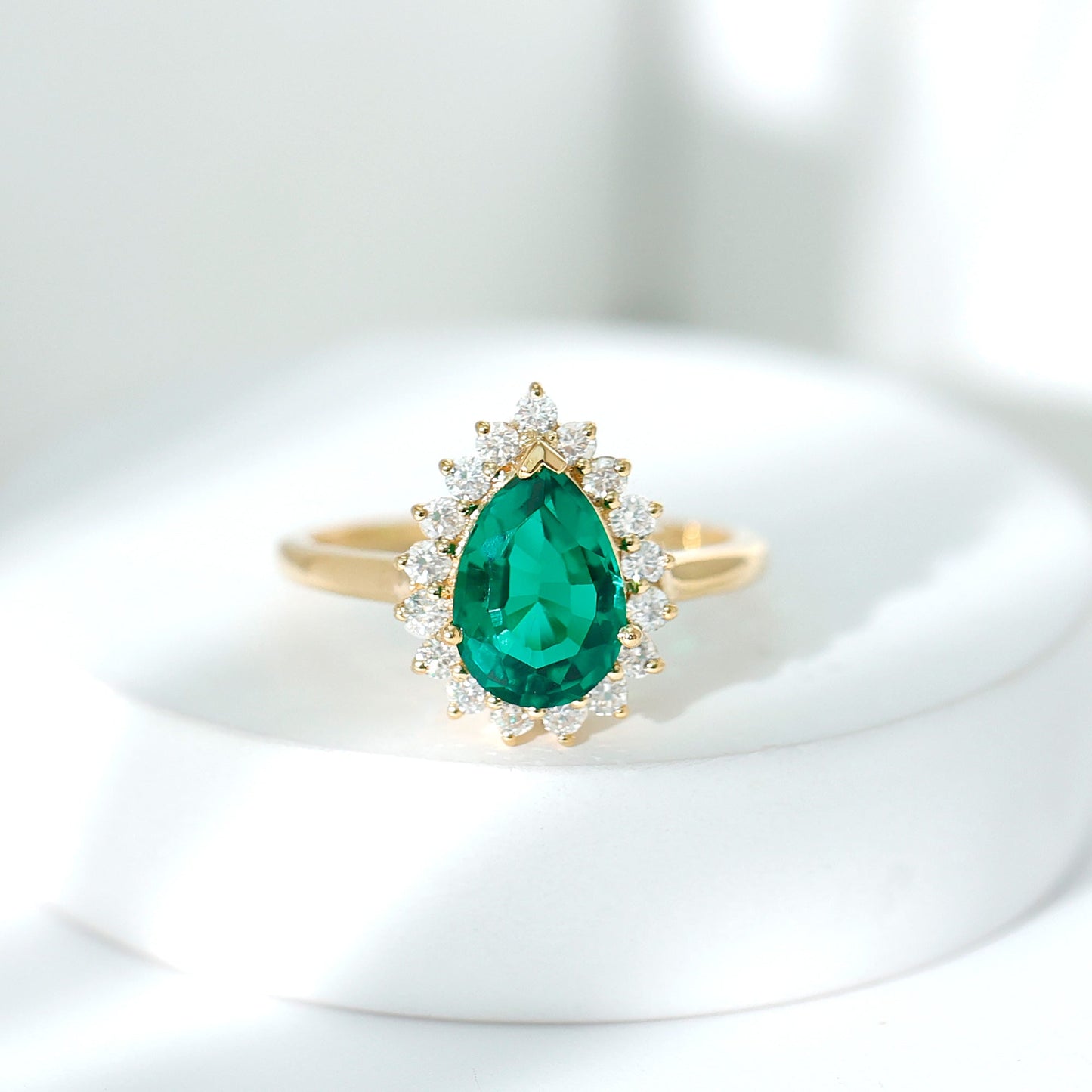 7X10 mm Pear Cut Lab Created Emerald Halo Engagement Ring with Diamond