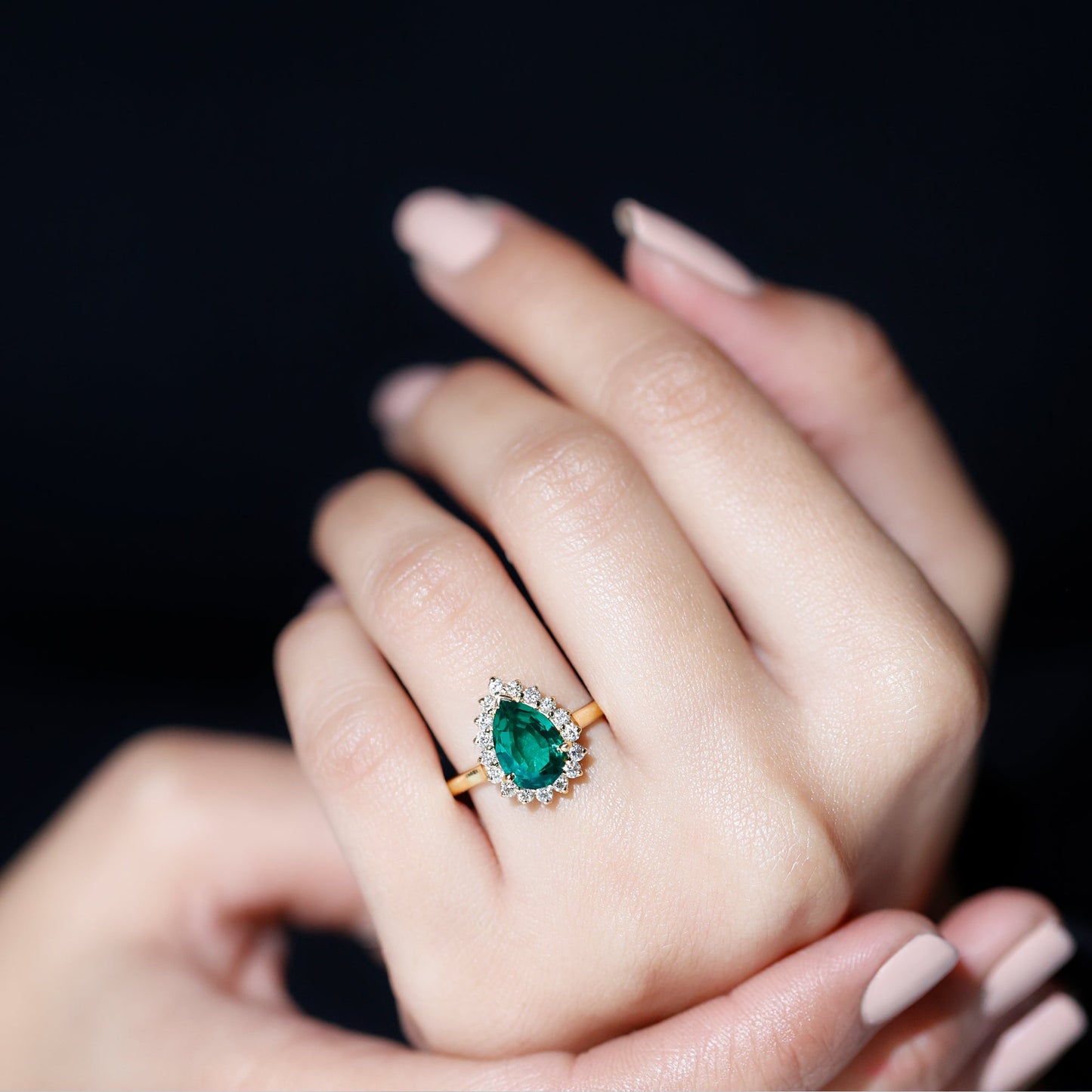7X10 mm Pear Cut Lab Created Emerald Halo Engagement Ring with Diamond