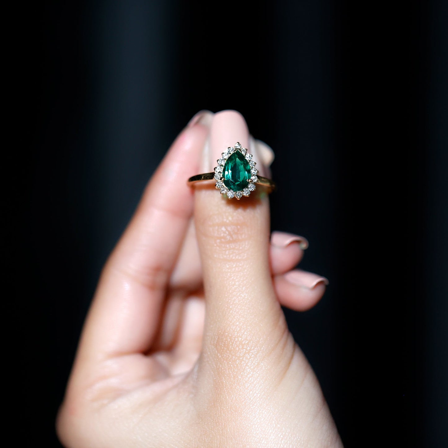 7X10 mm Pear Cut Lab Created Emerald Halo Engagement Ring with Diamond