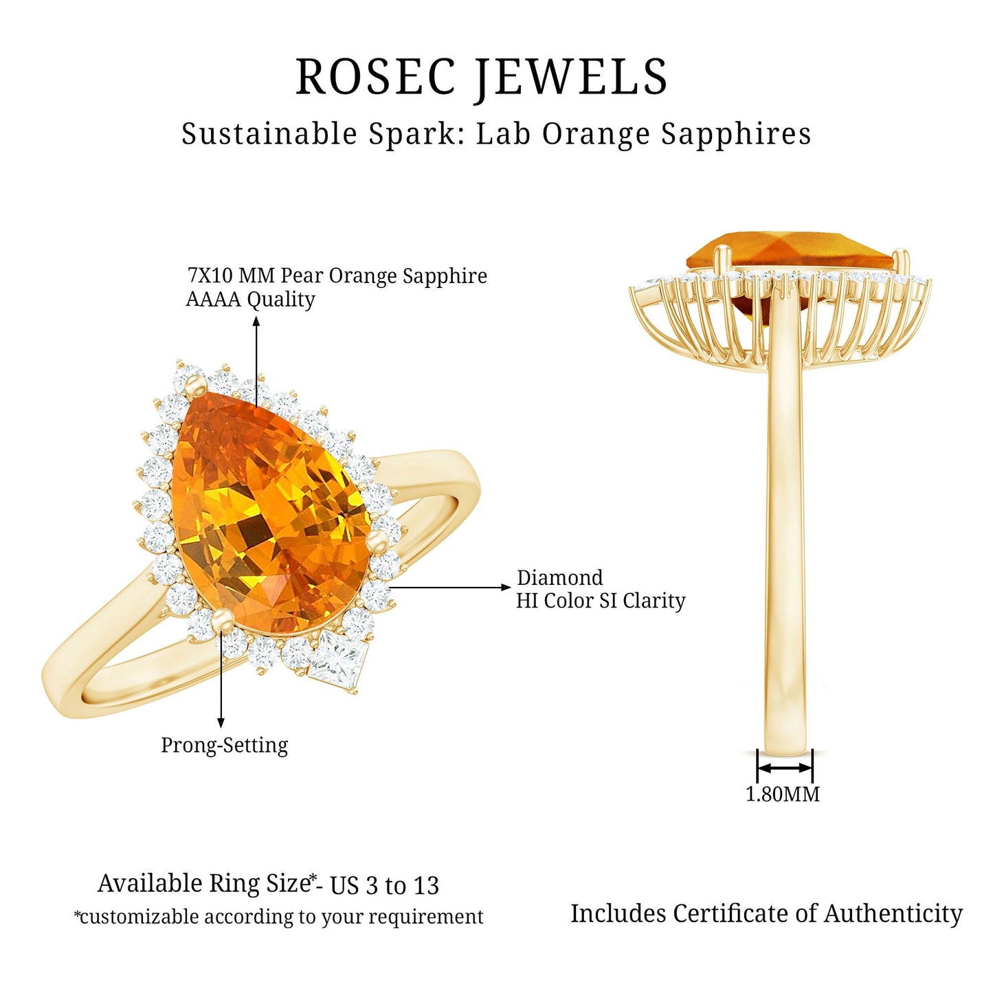 Certified 2.5 Carat Lab Grown Orange Sapphire Engagement Ring with Real Diamond Halo