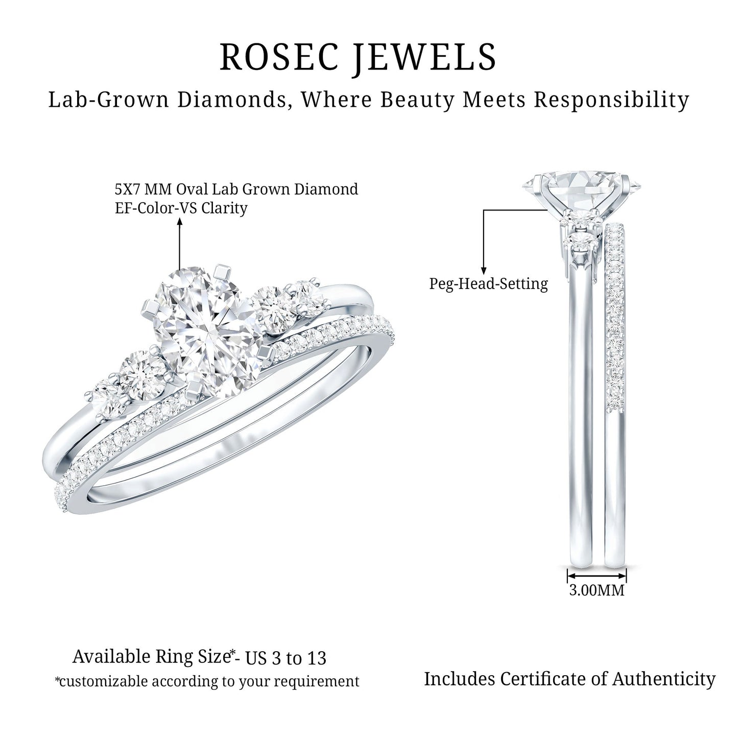 Certified 5X7 MM Oval Lab Grown Diamond Bridal Ring Set