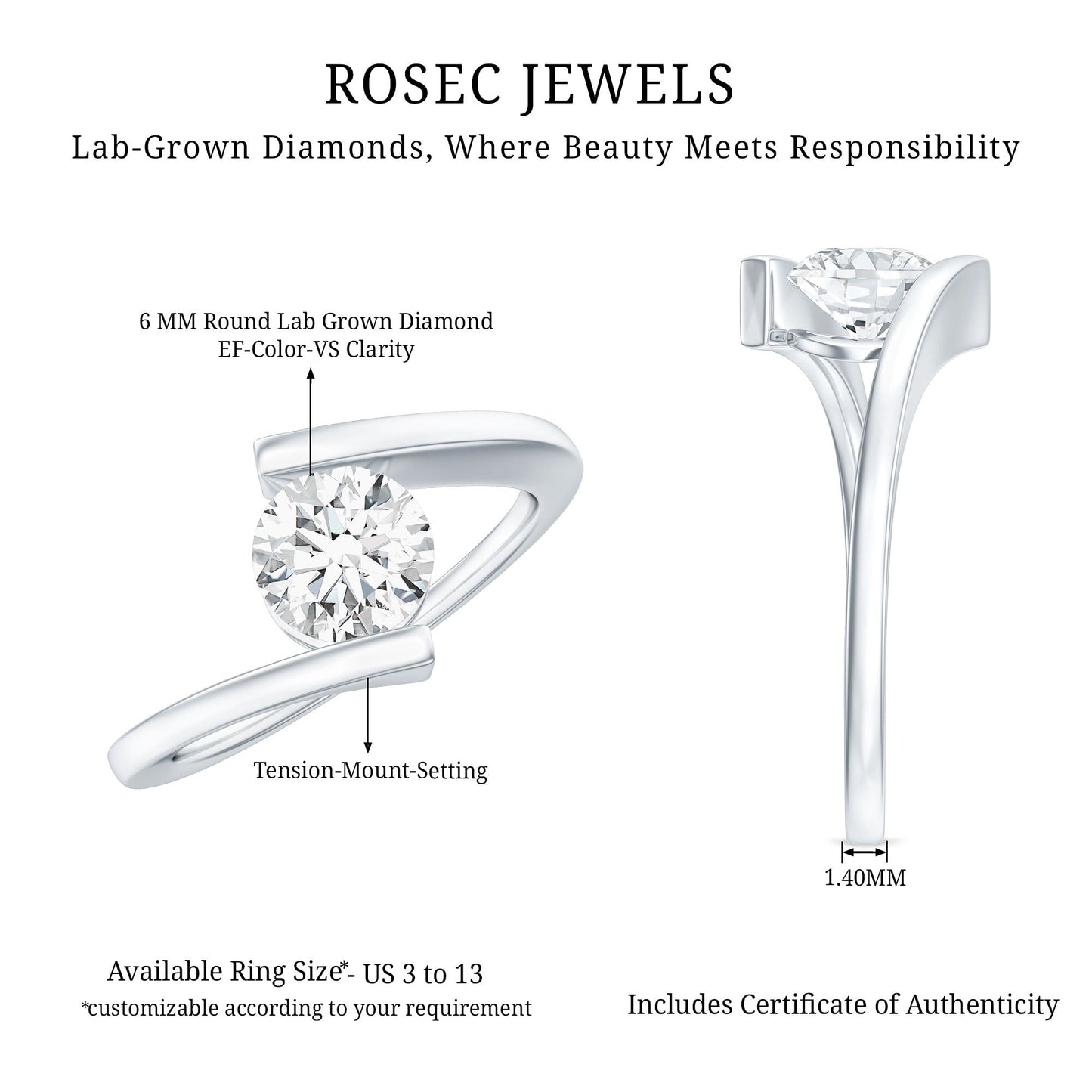 Certified 6 MM Lab Grown Diamond Tension Setting Engagement Ring