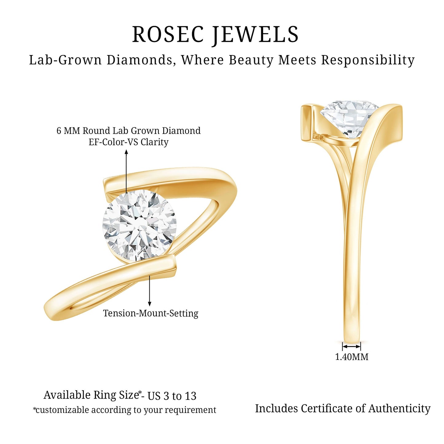Certified 6 MM Lab Grown Diamond Tension Setting Engagement Ring