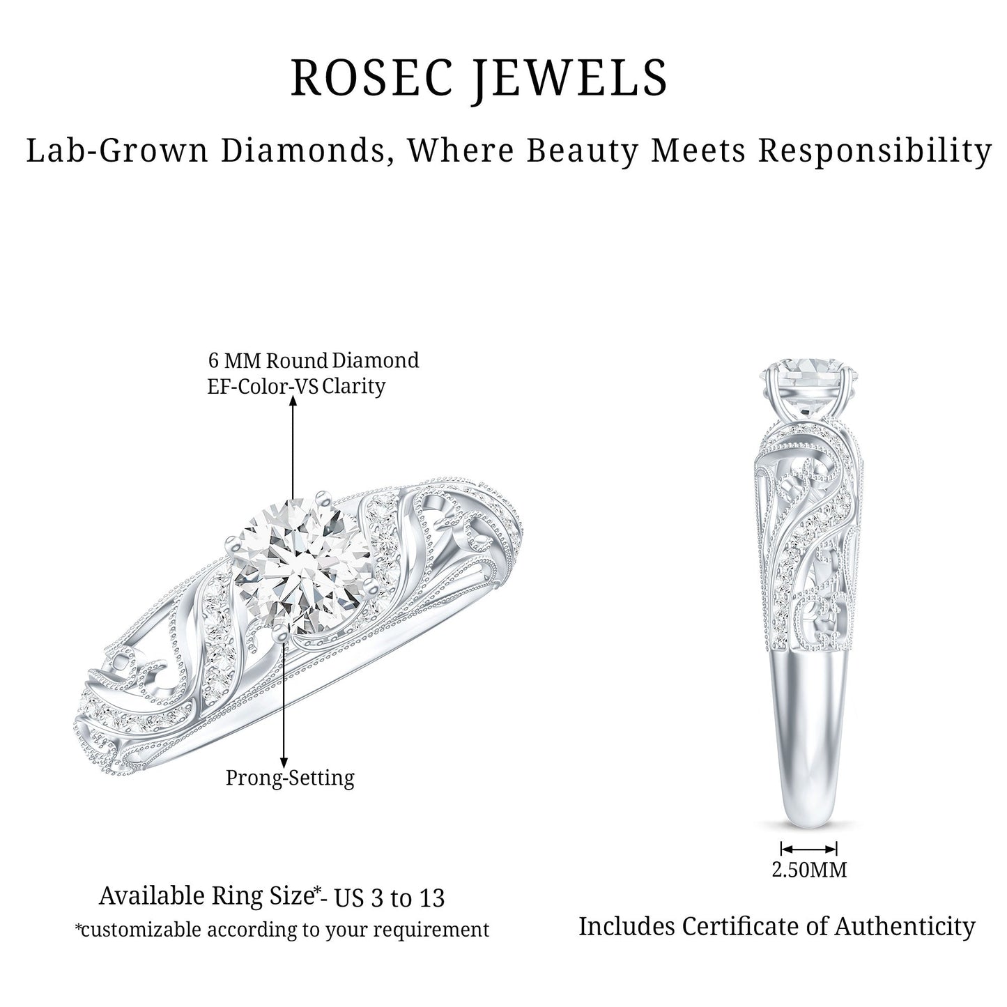 Certified 6 MM Lab Grown Diamond Designer Engagement Ring