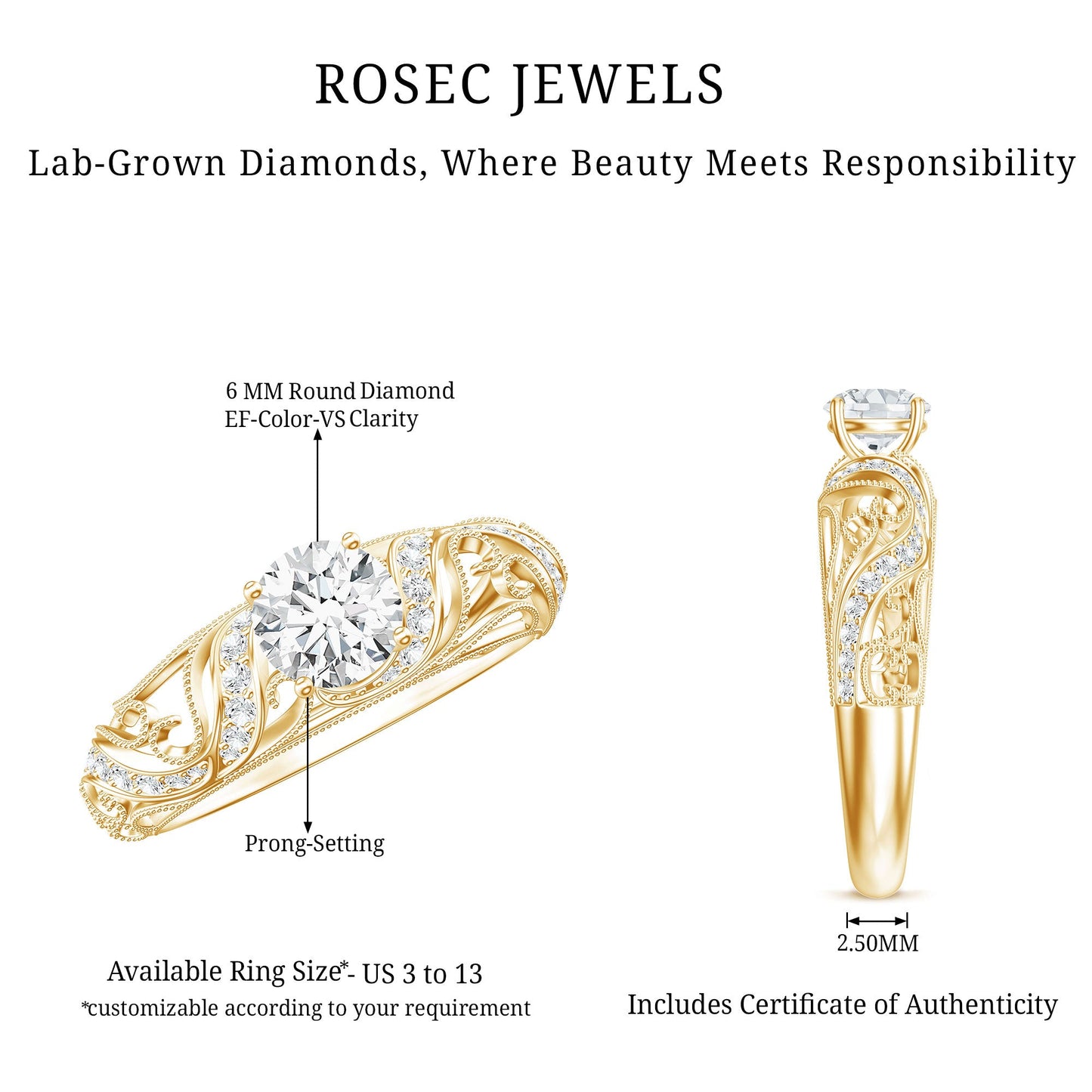 Certified 6 MM Lab Grown Diamond Designer Engagement Ring