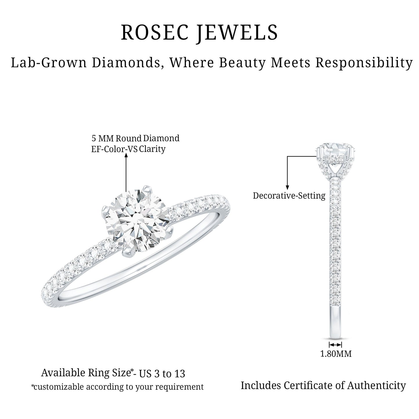 Lab Grown Diamond 5 MM Solitaire Engagement Ring with Side Stones