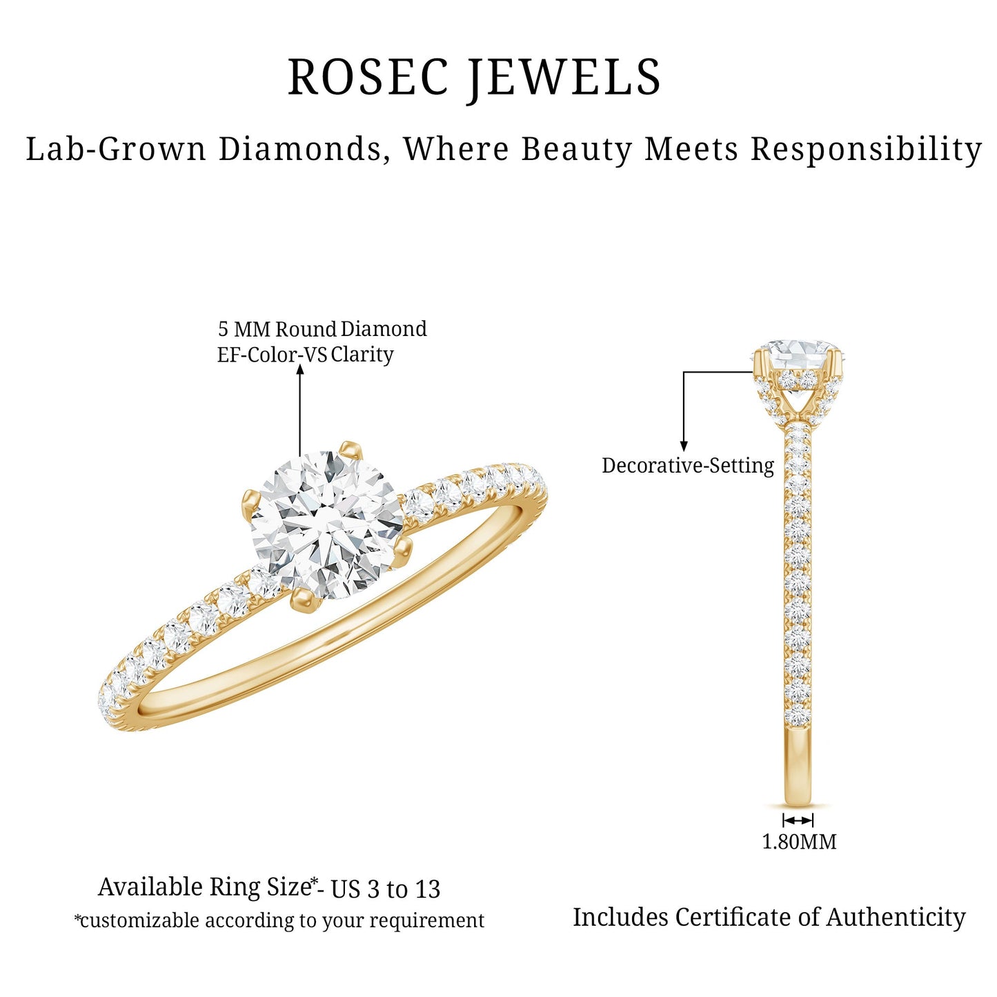 Lab Grown Diamond 5 MM Solitaire Engagement Ring with Side Stones