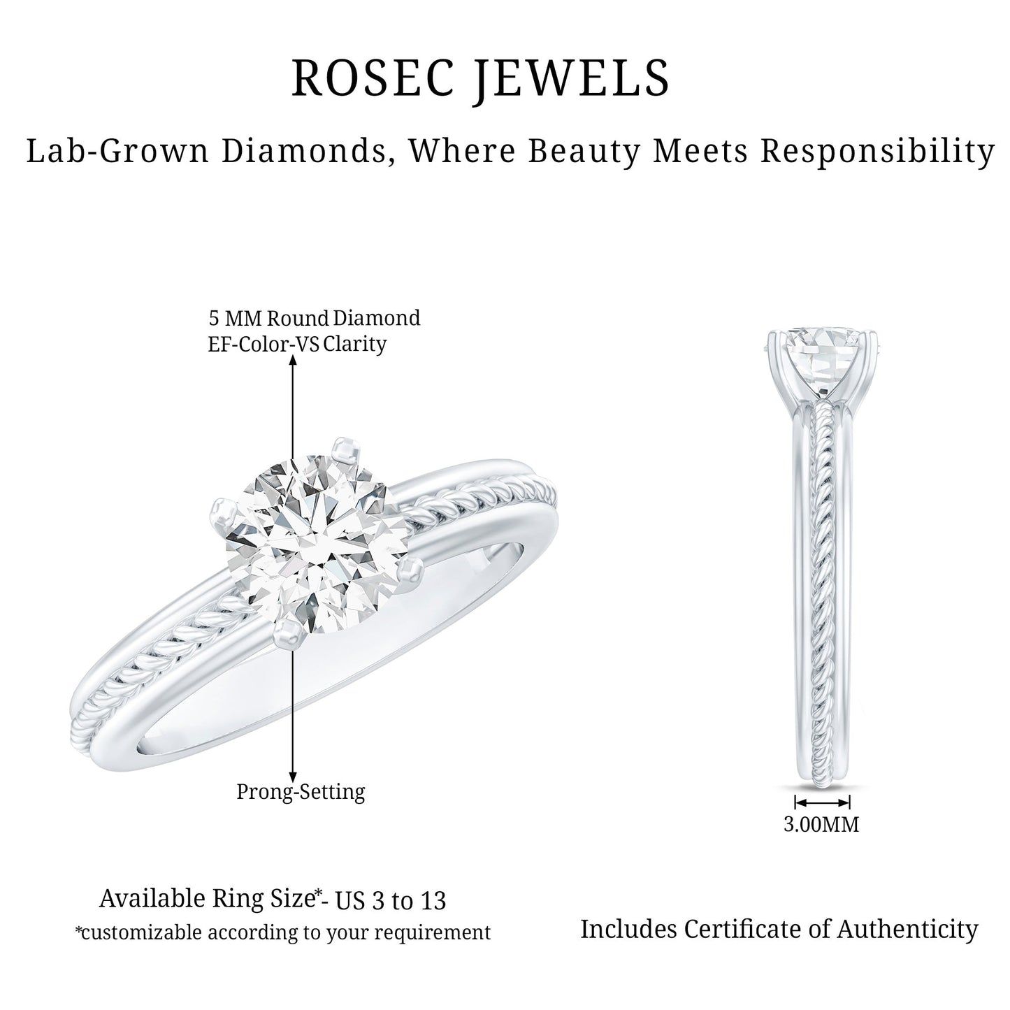 Certified Lab Grown Diamond 5 MM Round Solitaire Promise Ring