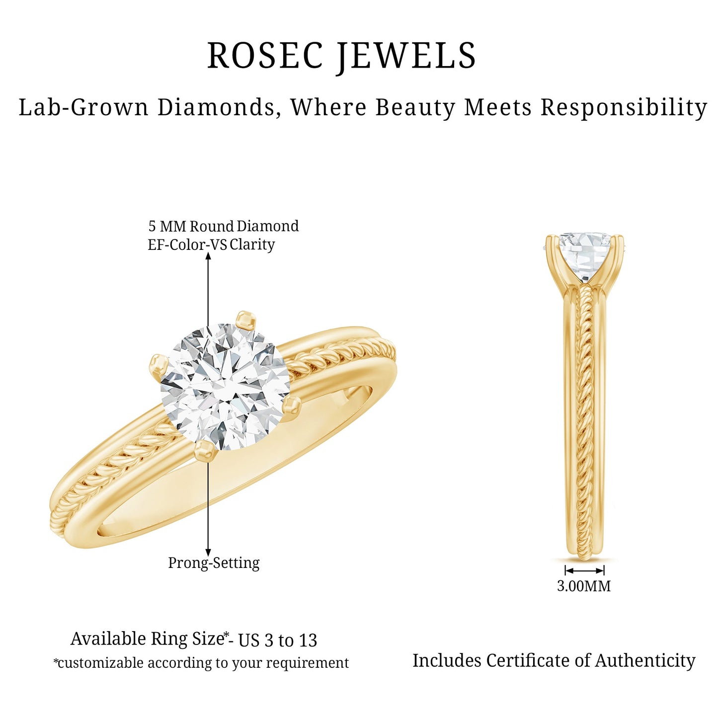 Certified Lab Grown Diamond 5 MM Round Solitaire Promise Ring