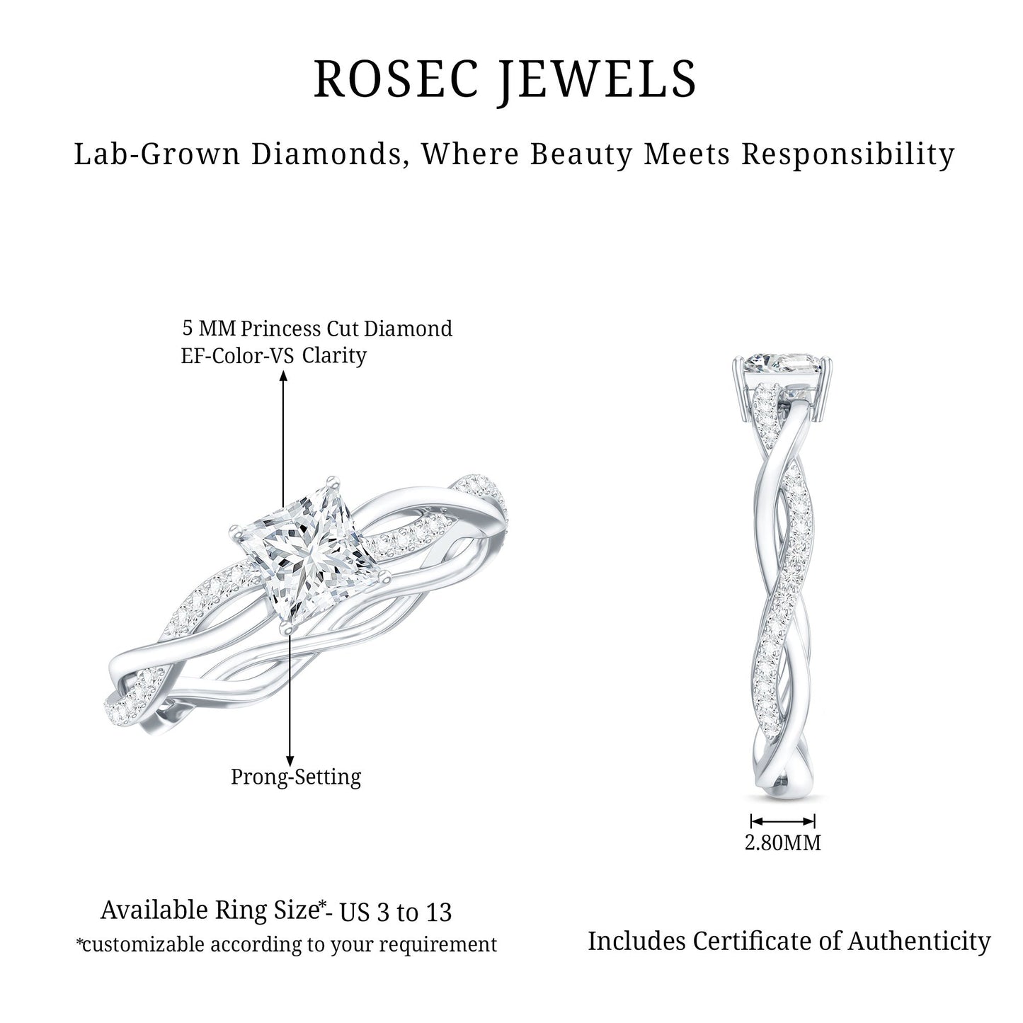 Certified Lab Grown Diamond 6MM Princess Cut Engagement Ring