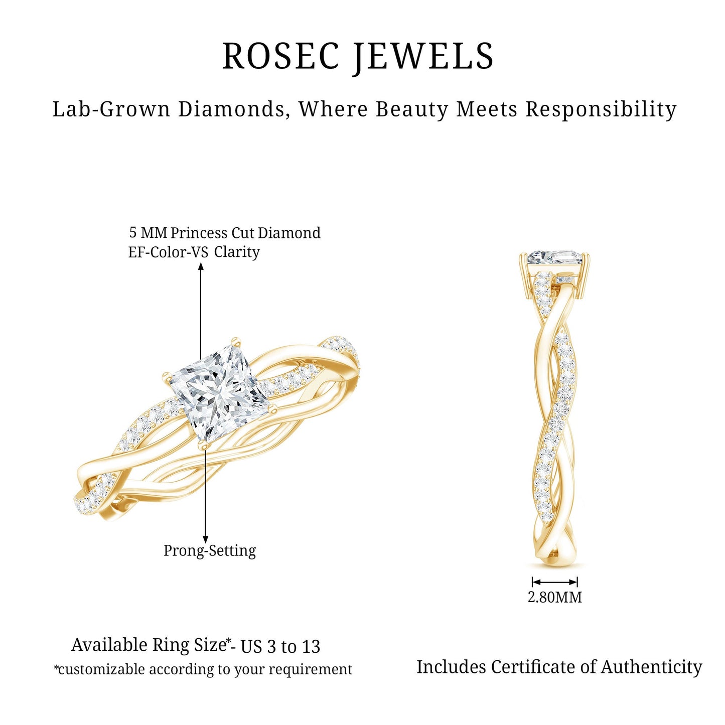 Certified Lab Grown Diamond 6MM Princess Cut Engagement Ring