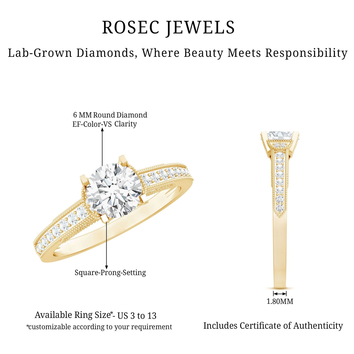 Certified Lab Grown Diamond 6 MM Round Engagement Ring With Side Stones