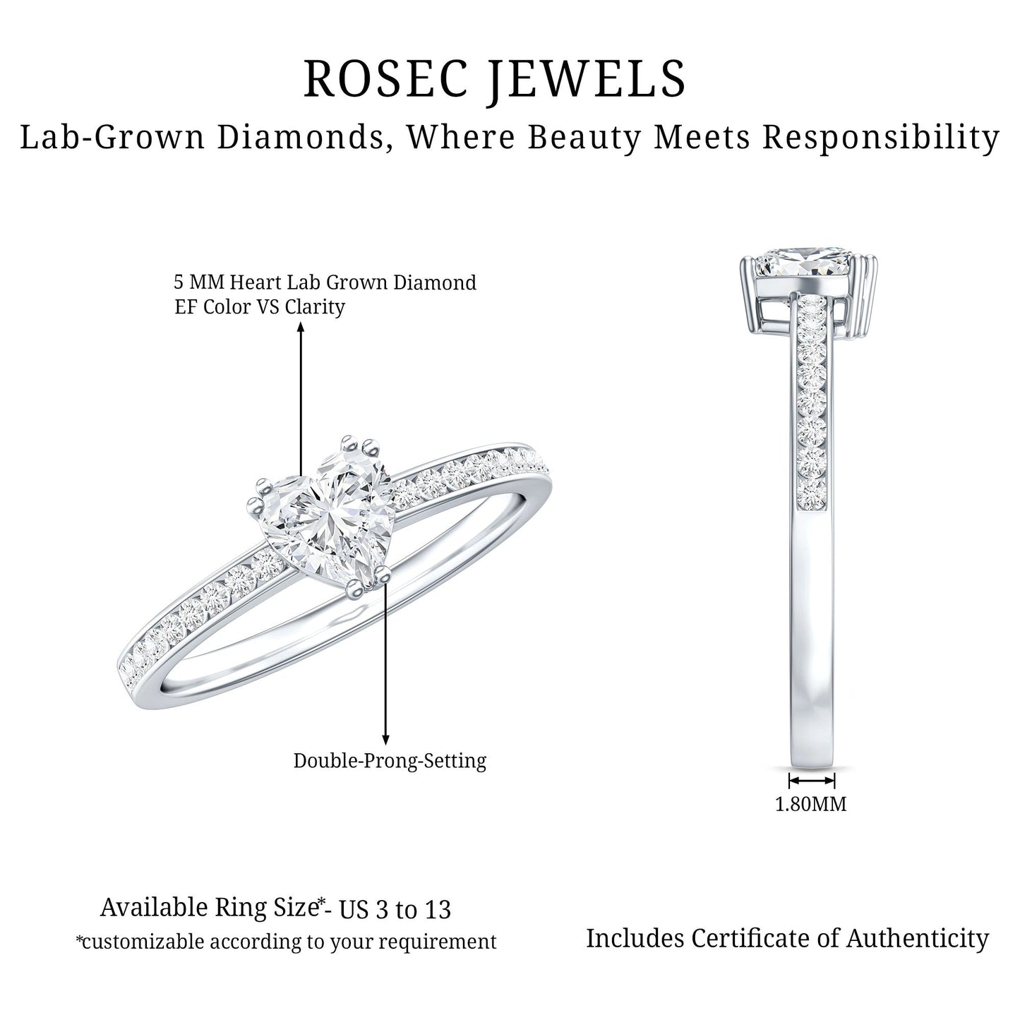 Lab Grown Diamond 5 MM Heart Engagement Ring With Side Stones