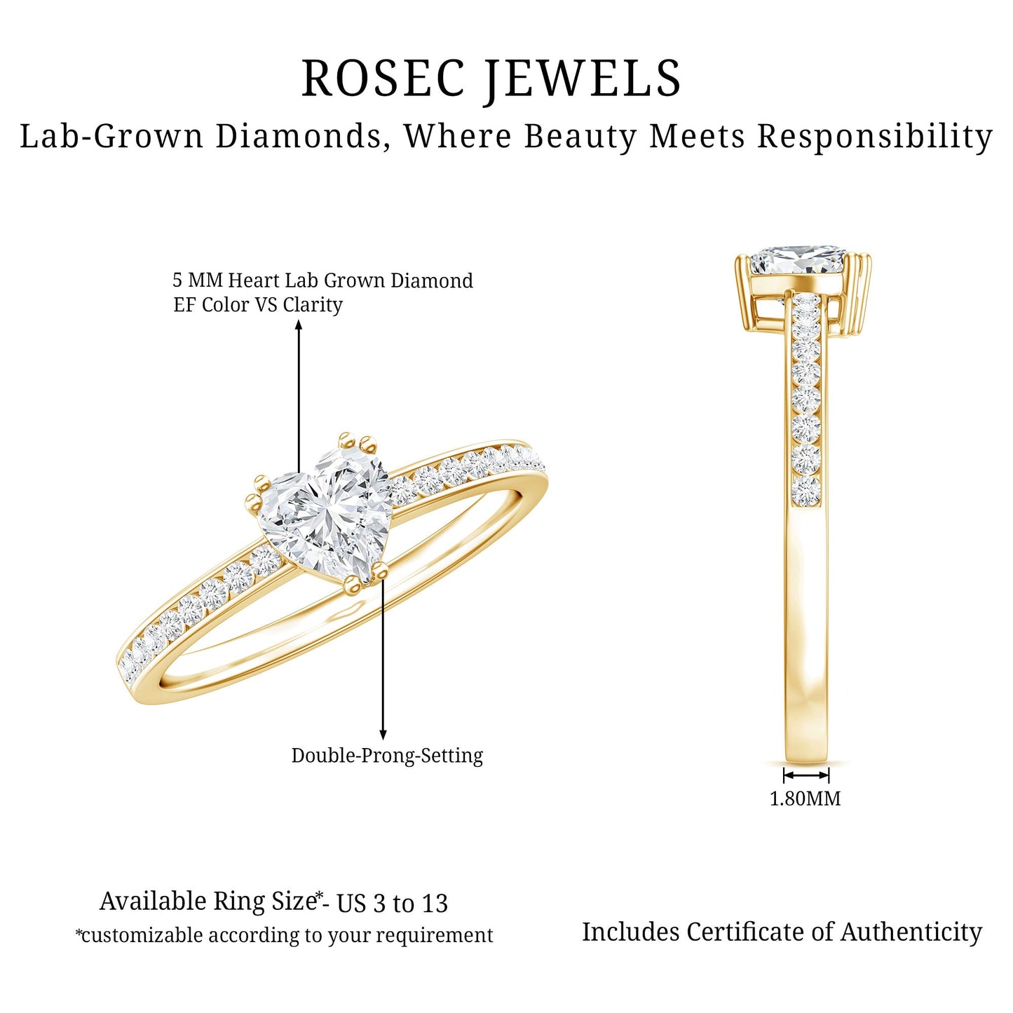 Lab Grown Diamond 5 MM Heart Engagement Ring With Side Stones