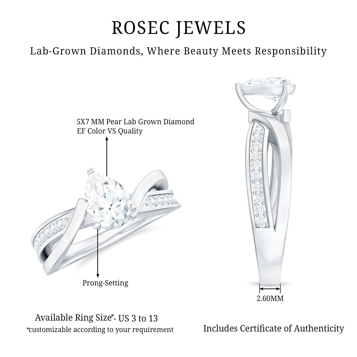 Certified Lab Grown Diamond 5X7 MM Pear Shaped Engagement Ring