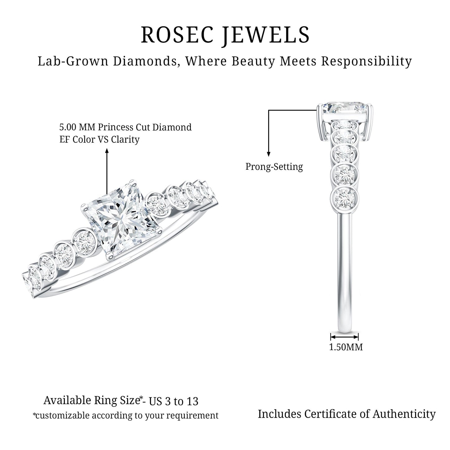 Lab Grown Diamond 5 MM Princess Cut Engagement Ring With Side Stones
