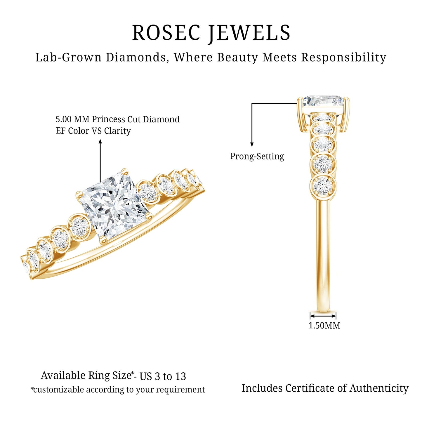 Lab Grown Diamond 5 MM Princess Cut Engagement Ring With Side Stones