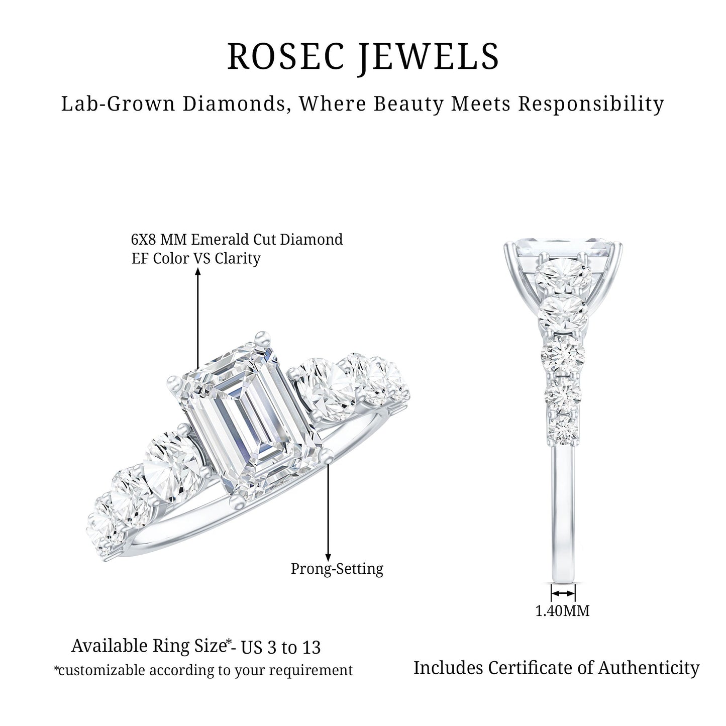 Lab Grown Diamond 6X8 MM Emerald Cut Engagement Ring With Side Stones