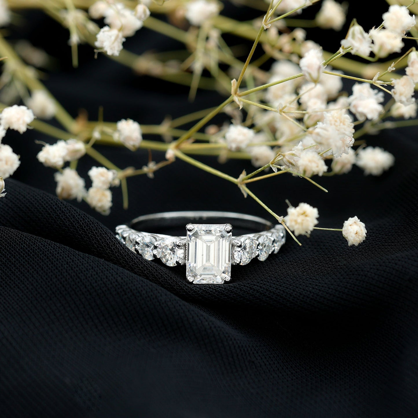 Lab Grown Diamond 6X8 MM Emerald Cut Engagement Ring With Side Stones