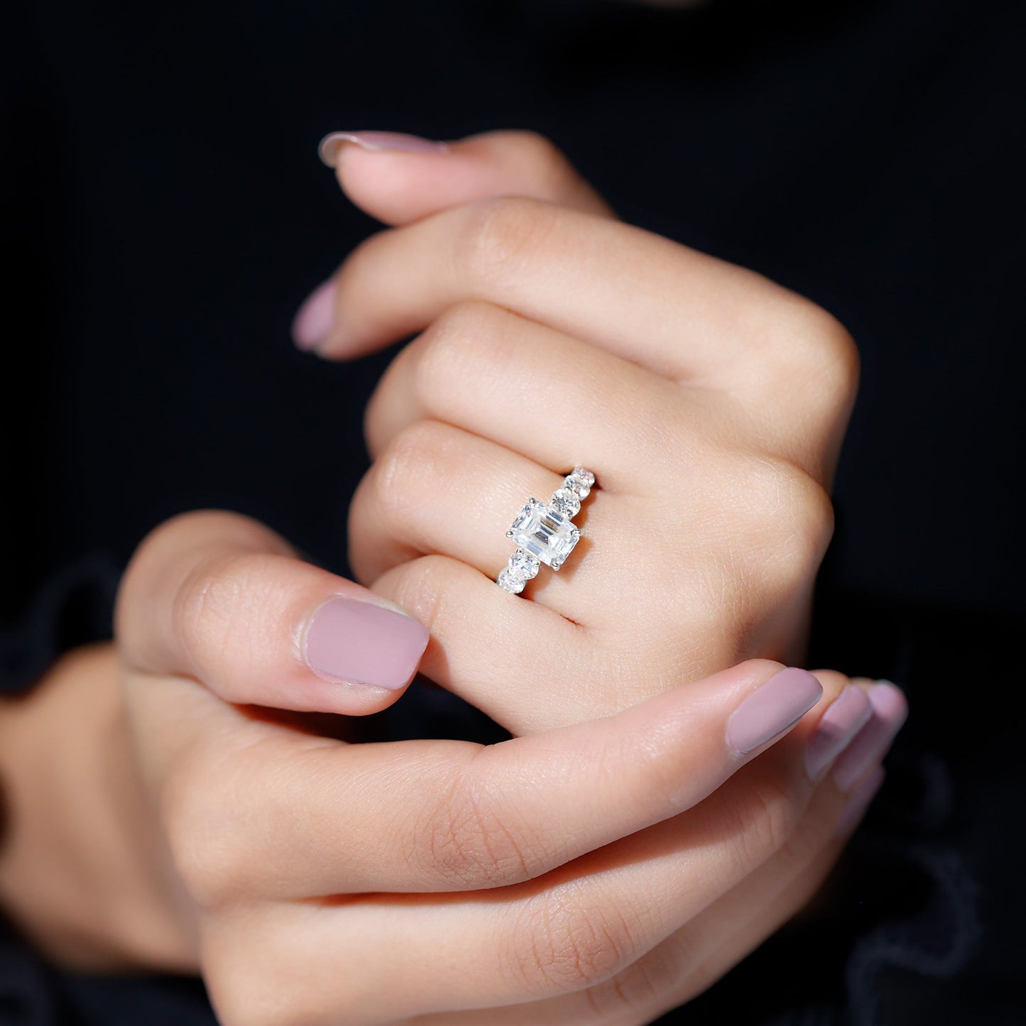 Lab Grown Diamond 6X8 MM Emerald Cut Engagement Ring With Side Stones