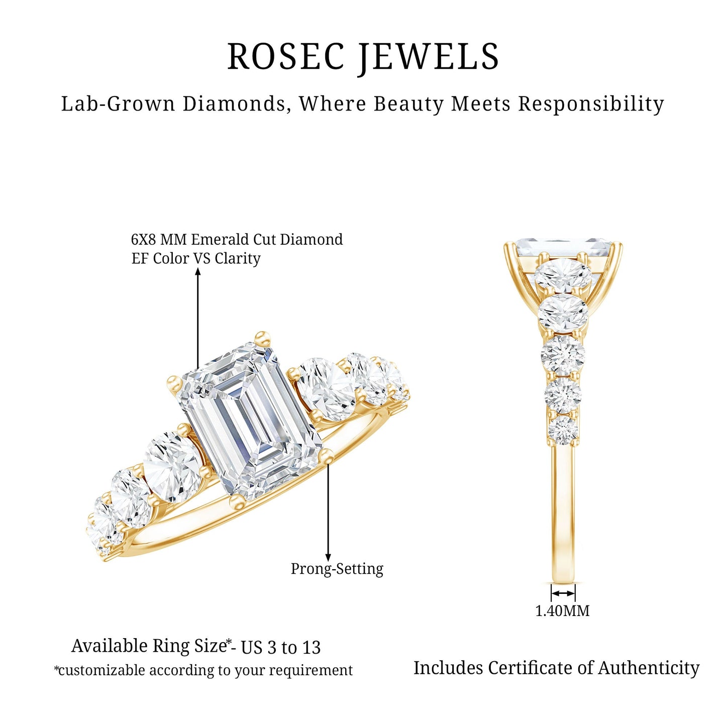 Lab Grown Diamond 6X8 MM Emerald Cut Engagement Ring With Side Stones