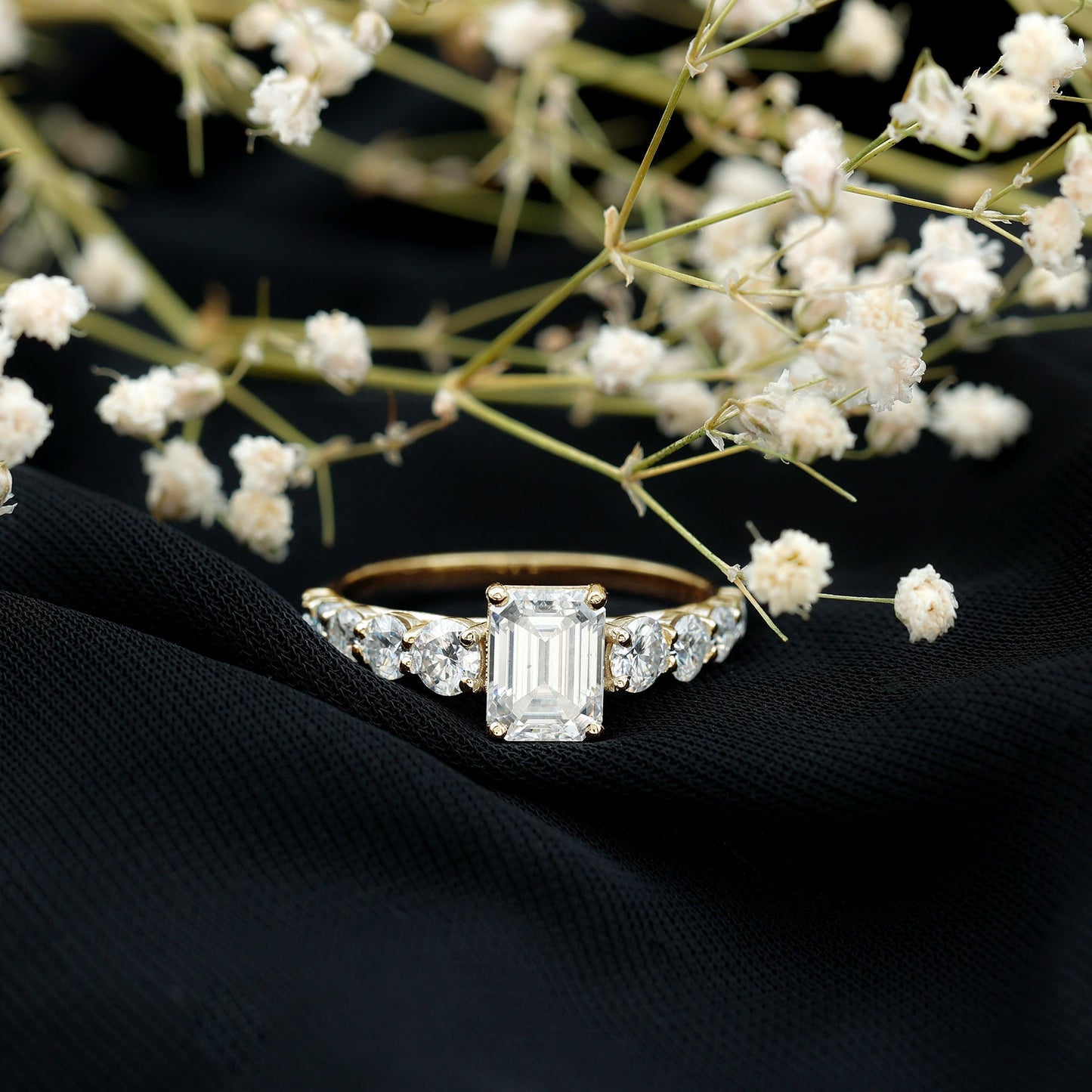 Lab Grown Diamond 6X8 MM Emerald Cut Engagement Ring With Side Stones