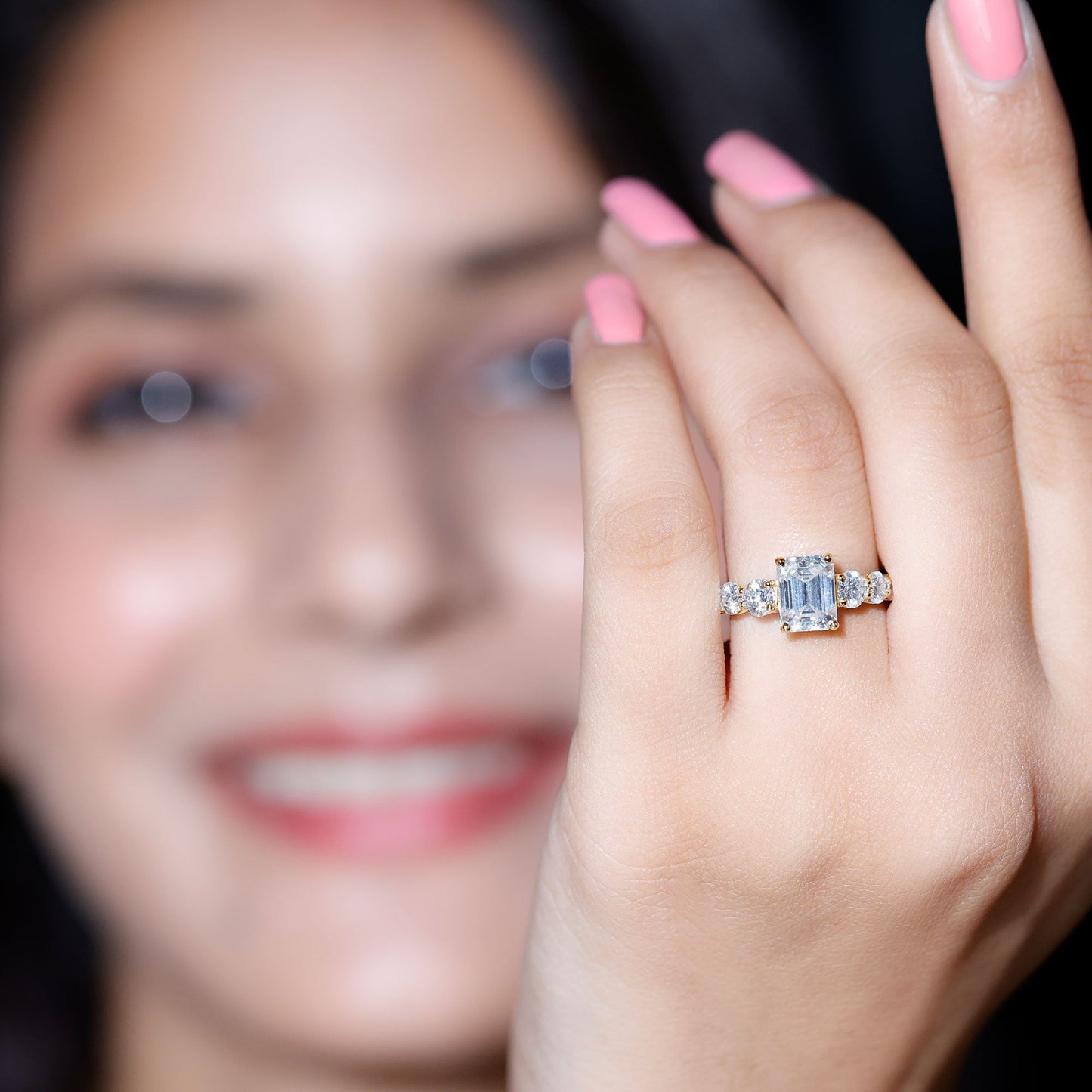 Lab Grown Diamond 6X8 MM Emerald Cut Engagement Ring With Side Stones