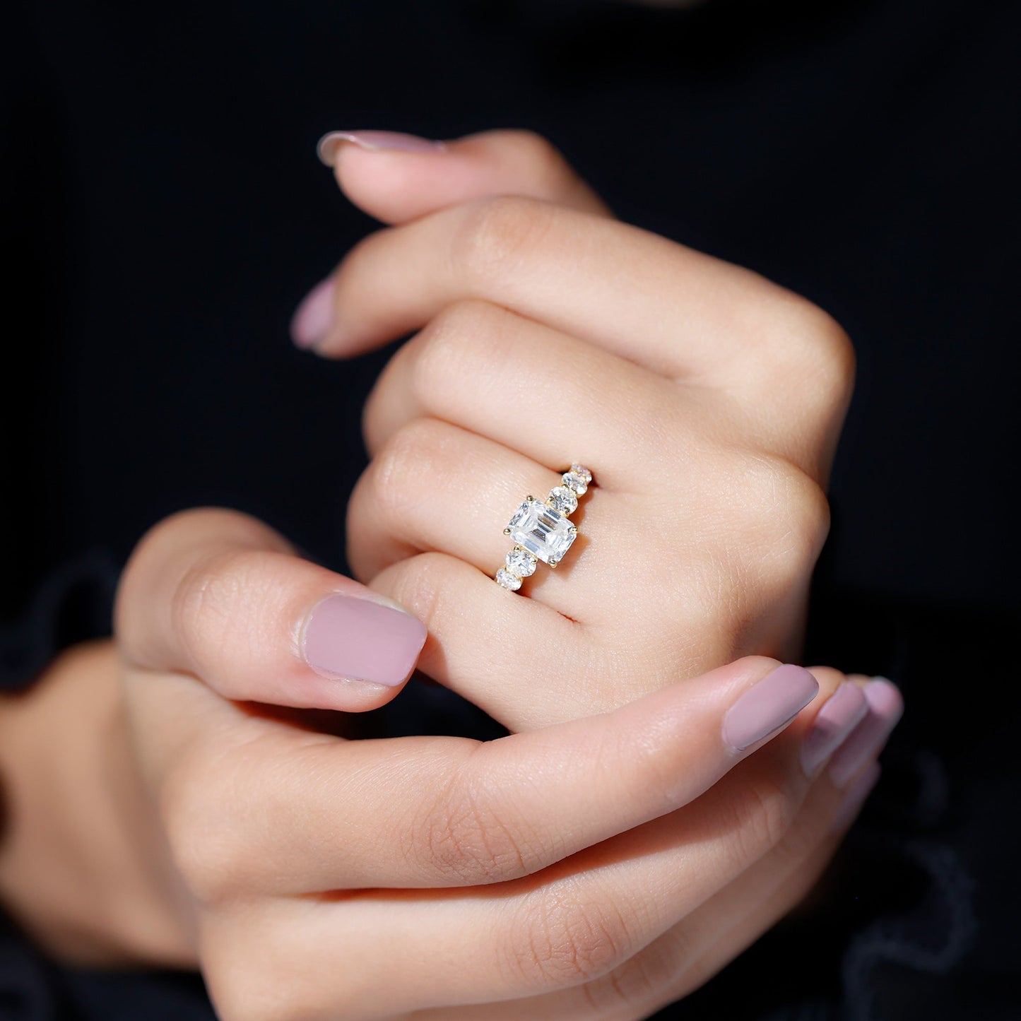 Lab Grown Diamond 6X8 MM Emerald Cut Engagement Ring With Side Stones