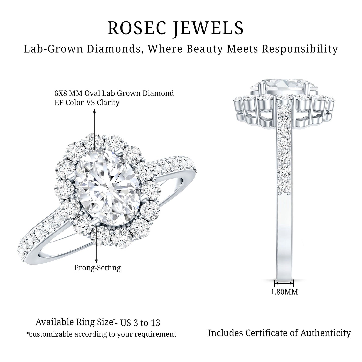 Lab Grown Diamond 6X8MM Oval Halo Engagement Ring With Side Stones