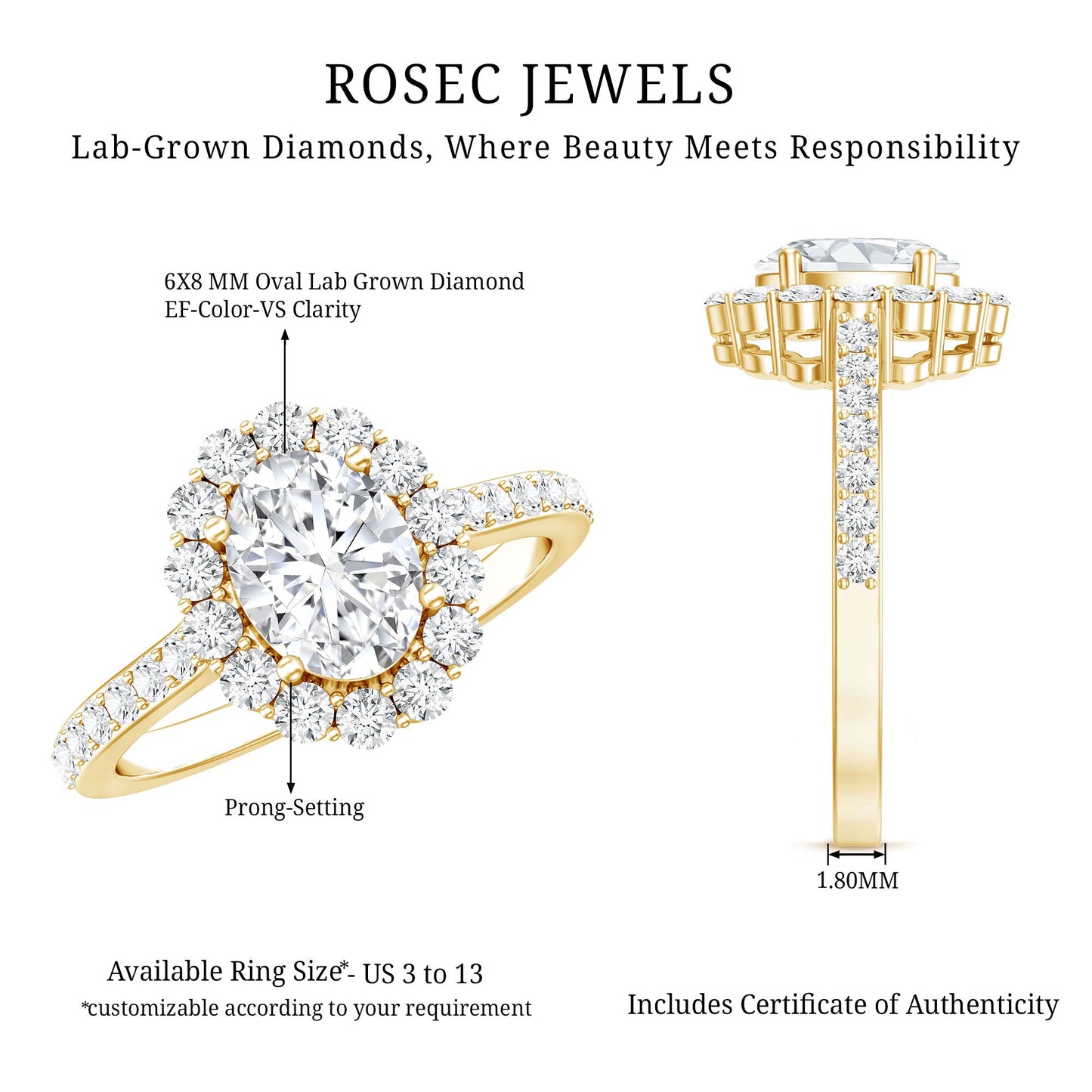 Lab Grown Diamond 6X8MM Oval Halo Engagement Ring With Side Stones
