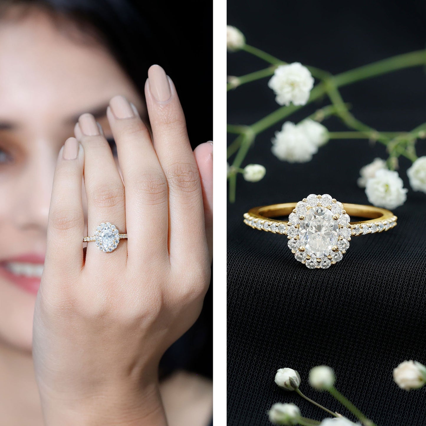 Lab Grown Diamond 6X8MM Oval Halo Engagement Ring With Side Stones
