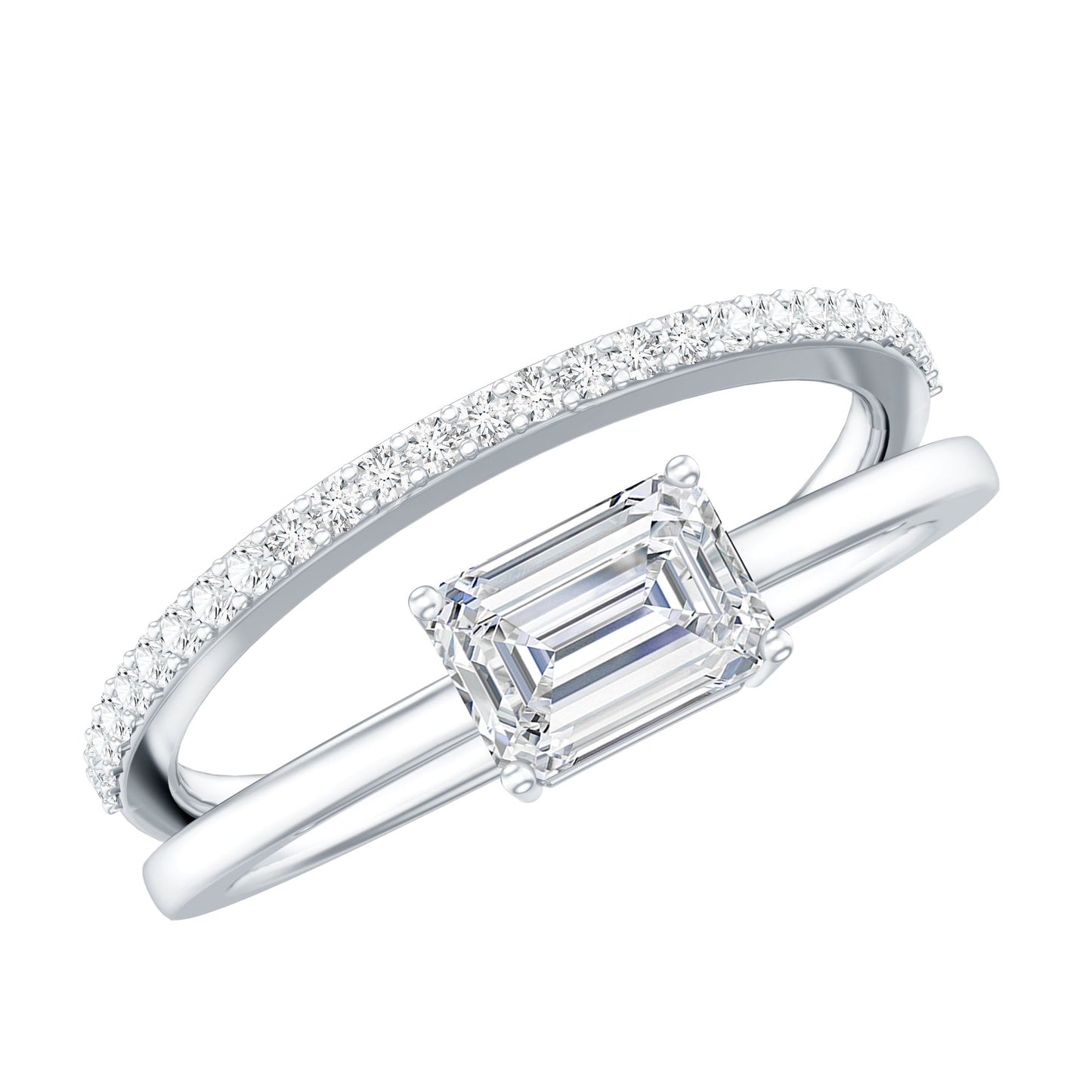 Lab Grown Diamond 6X8MM Emerald Cut Engagement Ring With Diamond Studded Shank