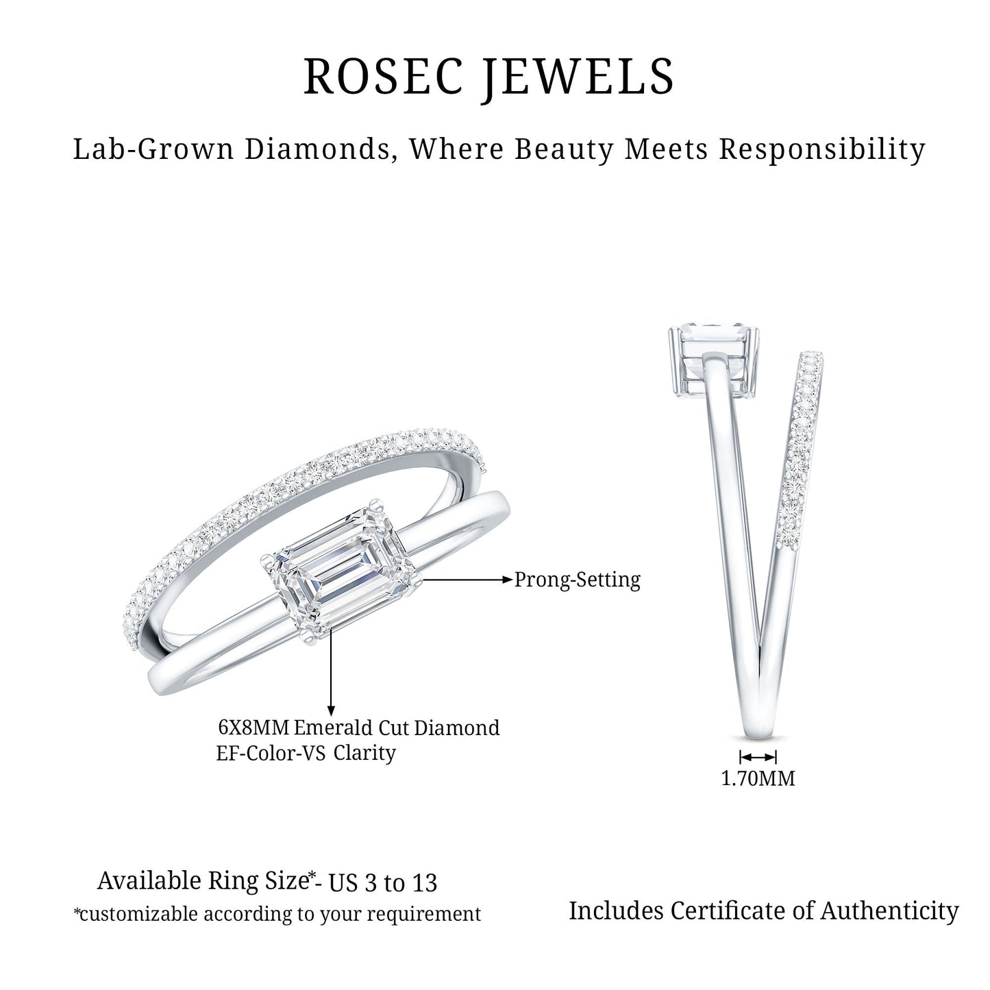 Lab Grown Diamond 6X8MM Emerald Cut Engagement Ring With Diamond Studded Shank