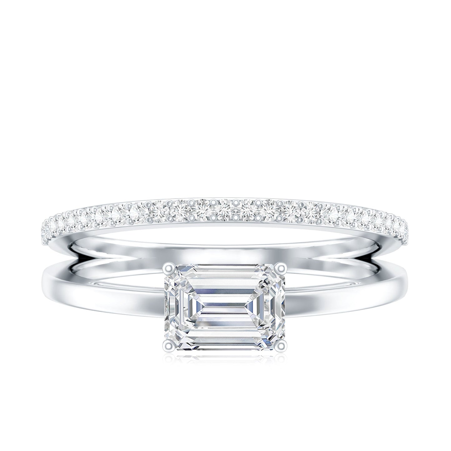 Lab Grown Diamond 6X8MM Emerald Cut Engagement Ring With Diamond Studded Shank