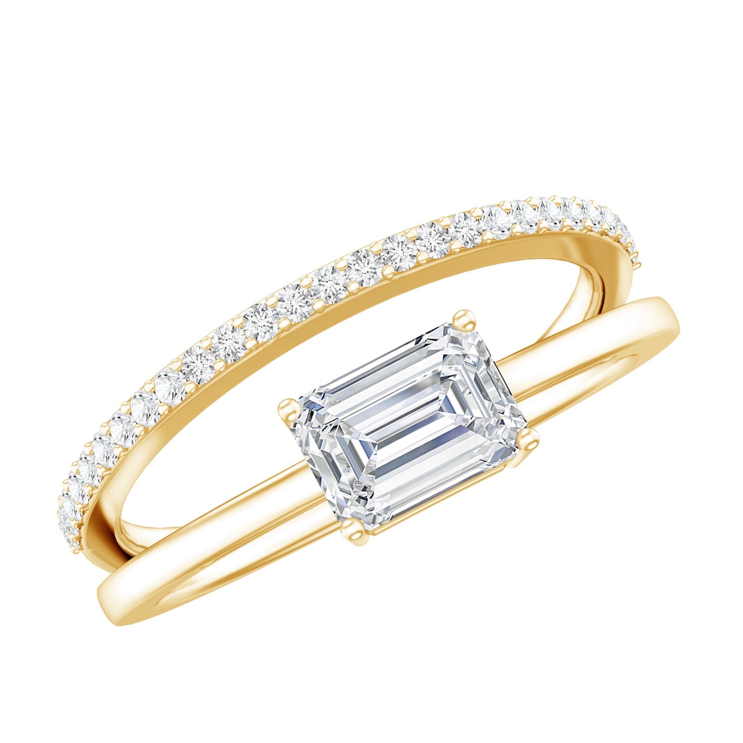 Lab Grown Diamond 6X8MM Emerald Cut Engagement Ring With Diamond Studded Shank