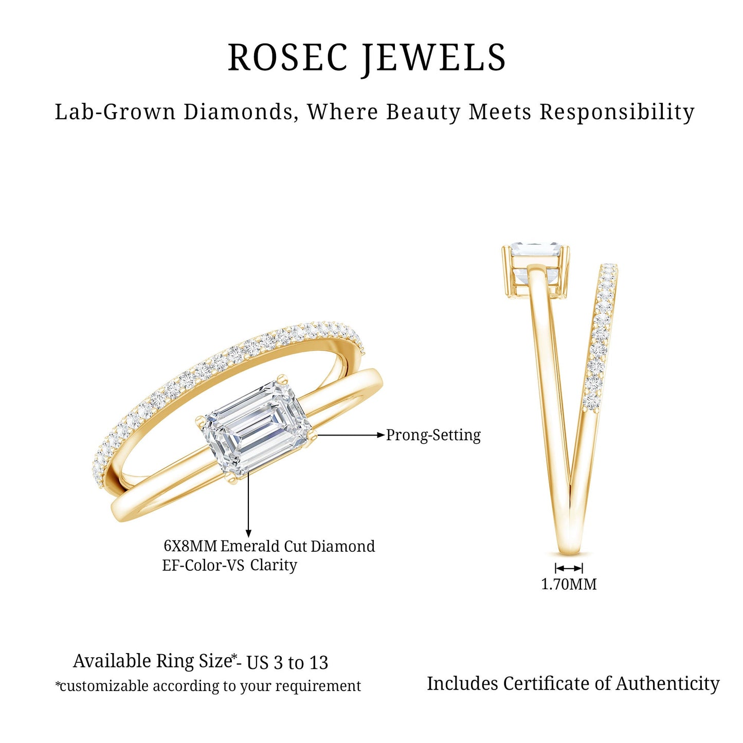 Lab Grown Diamond 6X8MM Emerald Cut Engagement Ring With Diamond Studded Shank