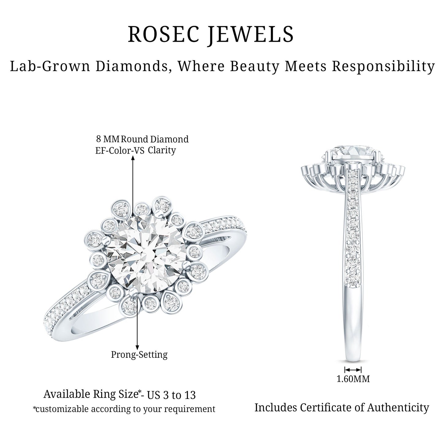 Lab Grown Diamond 8 MM Circle Engagement Ring With Side Stones