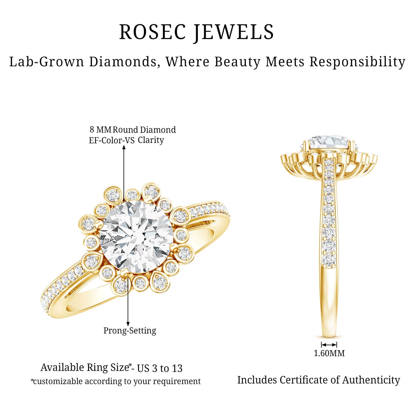 Lab Grown Diamond 8 MM Circle Engagement Ring With Side Stones
