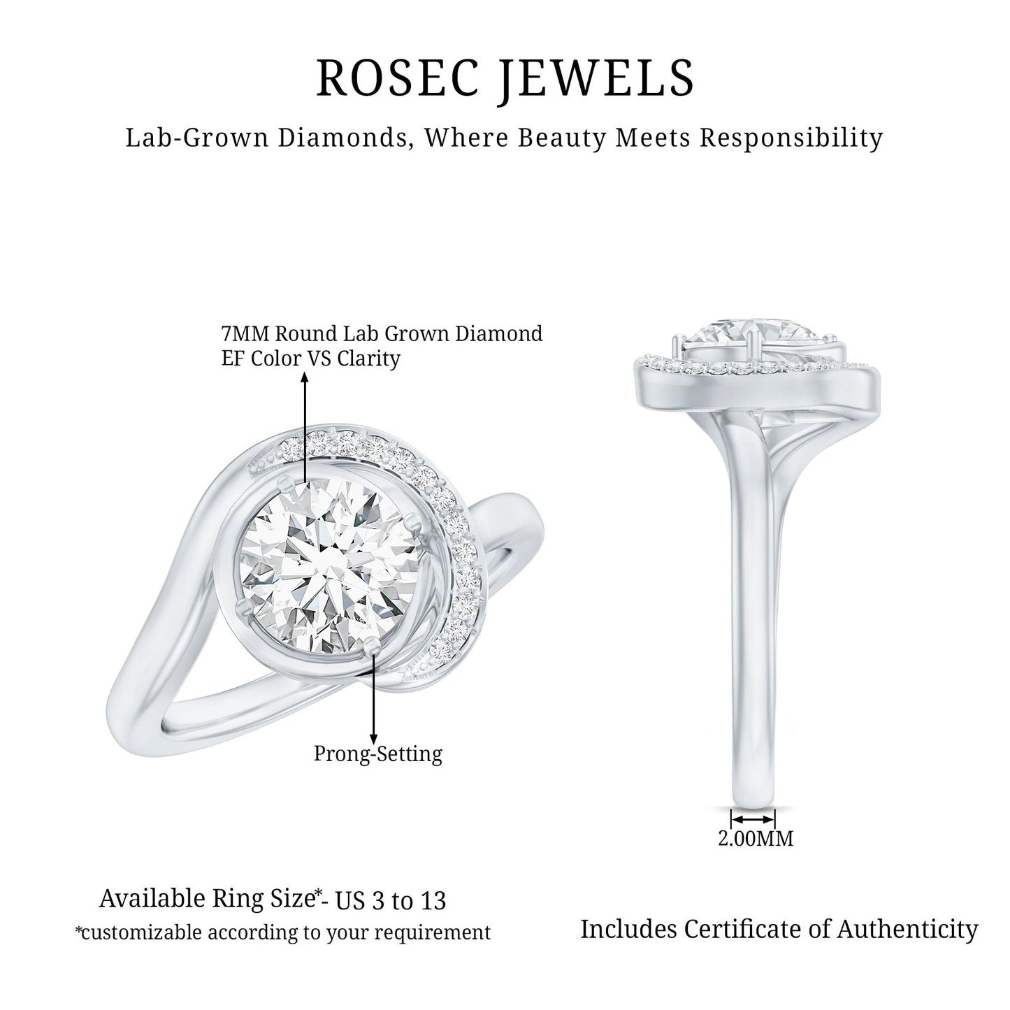 7 MM Lab Grown Diamond Unique Engagement Ring For Her